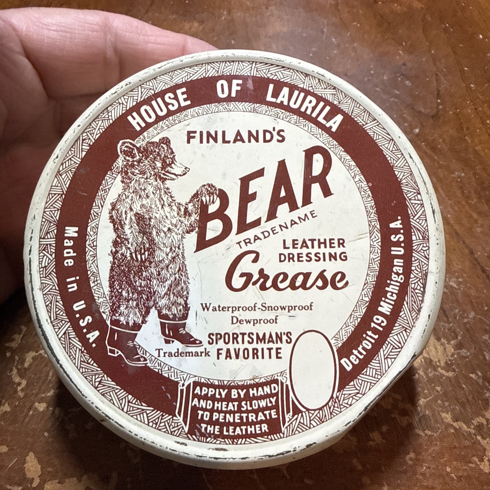 Vintage Finland’s House of Laurila Bear Leather Dressing Grease Tin Vintage Finland’s House of Laurila Bear Leather Dressing Grease Tin