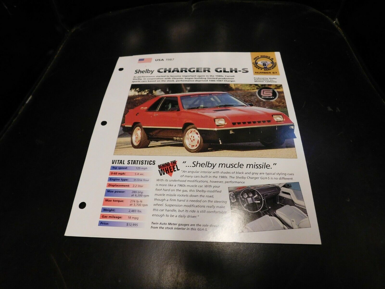 1987 Dodge Shelby Charger GLH-S Spec Sheet Brochure Photo Poster 