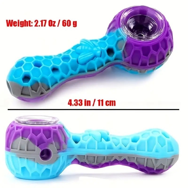 1PCS Mini Honey‑Bee Honeycomb Silicone Spoon Hand Pipe with Glass Bowl, Portable