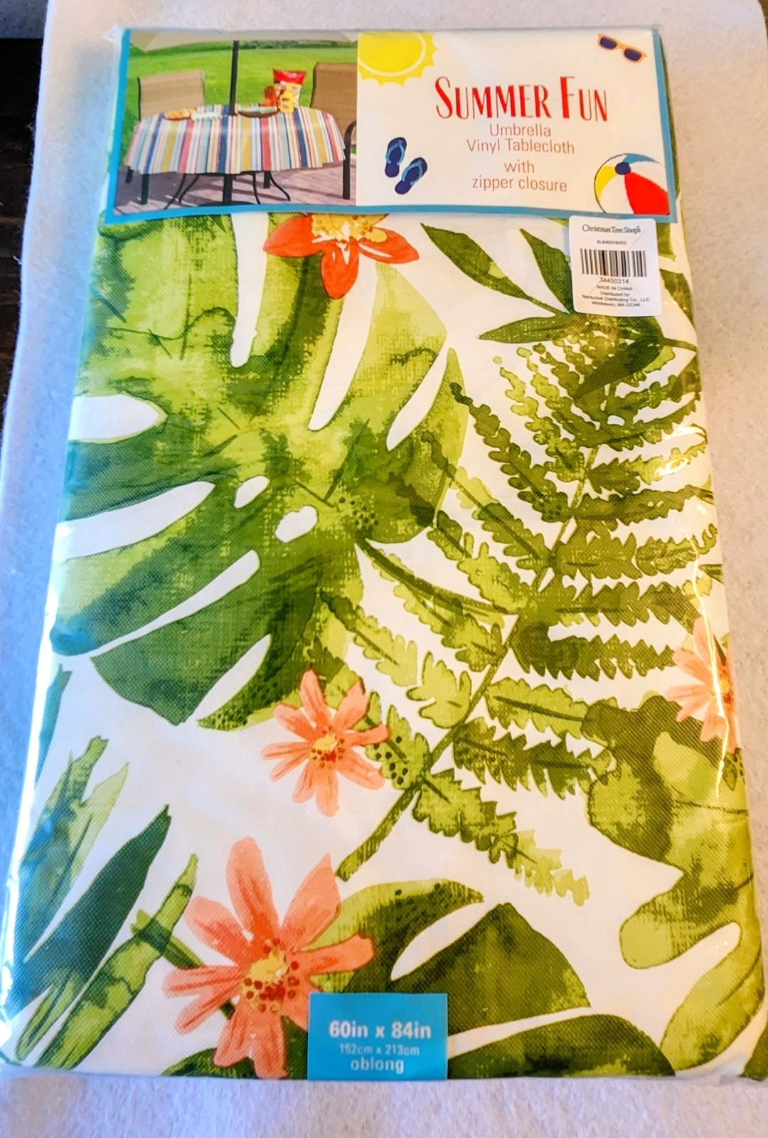 Tropical Umbrella Vinyl Tablecloth w/Zipper Closure Polyester Flannel Back NIP Tropical Umbrella Vinyl Tablecloth w/Zipper Closure Polyester Flannel Back NIP