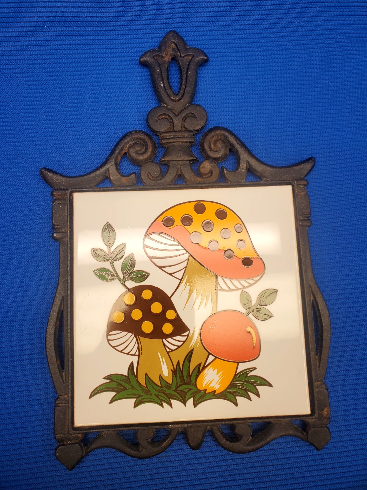 Vintage 1970's Merry Mushroom Sears Ceramic Cast Iron Trivet 