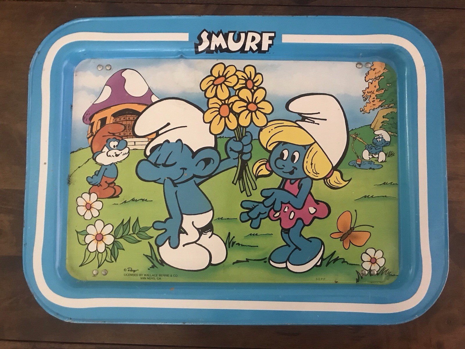 Vintage Smurf Metal Folding TV Tray Peyo Smurfette Bashful Papa Smurfs 1980s