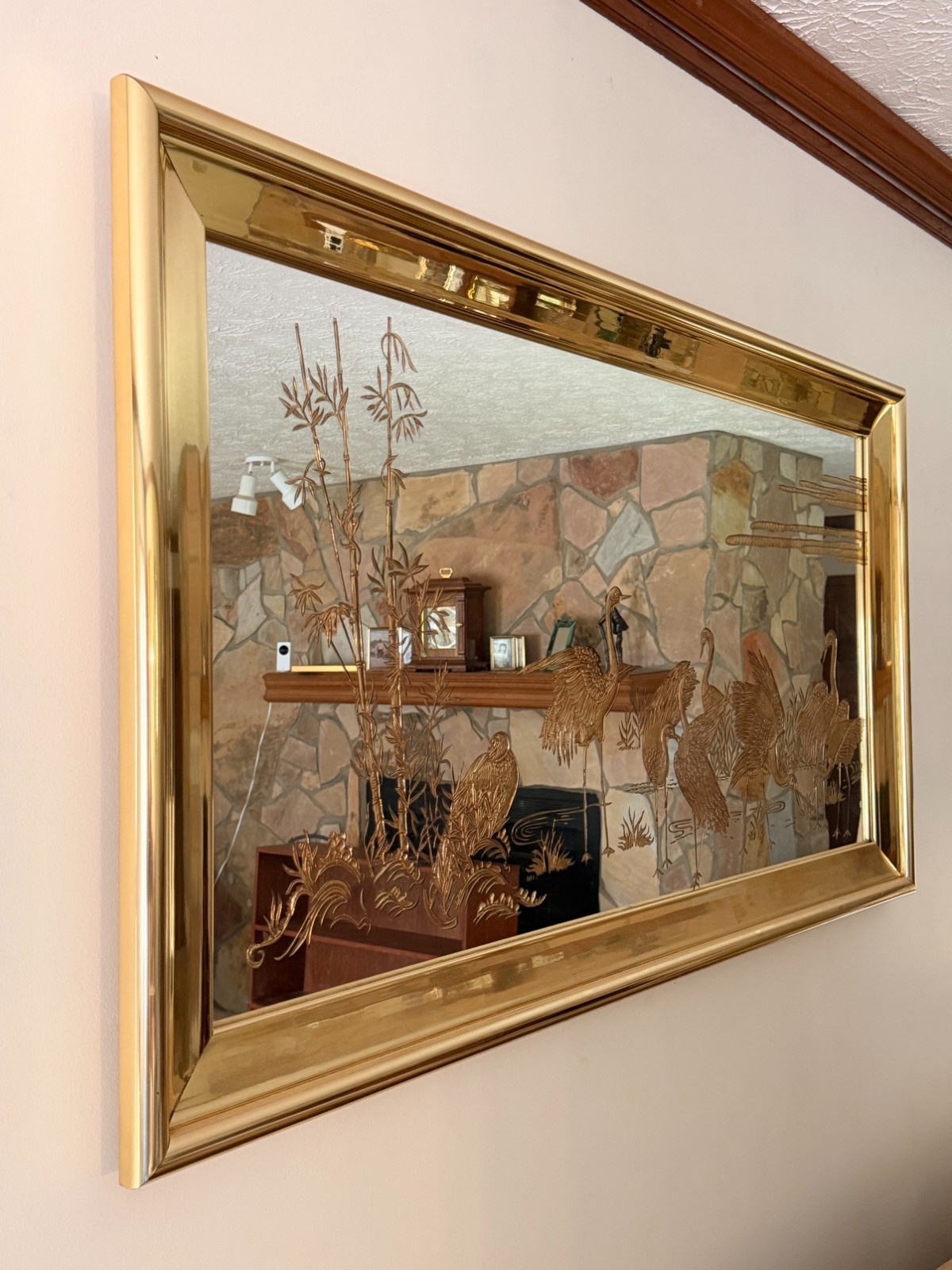 Vintage Brass Etched Mirror - Cranes & Bamboo, Large Vintage Brass Etched Mirror - Cranes & Bamboo, Large