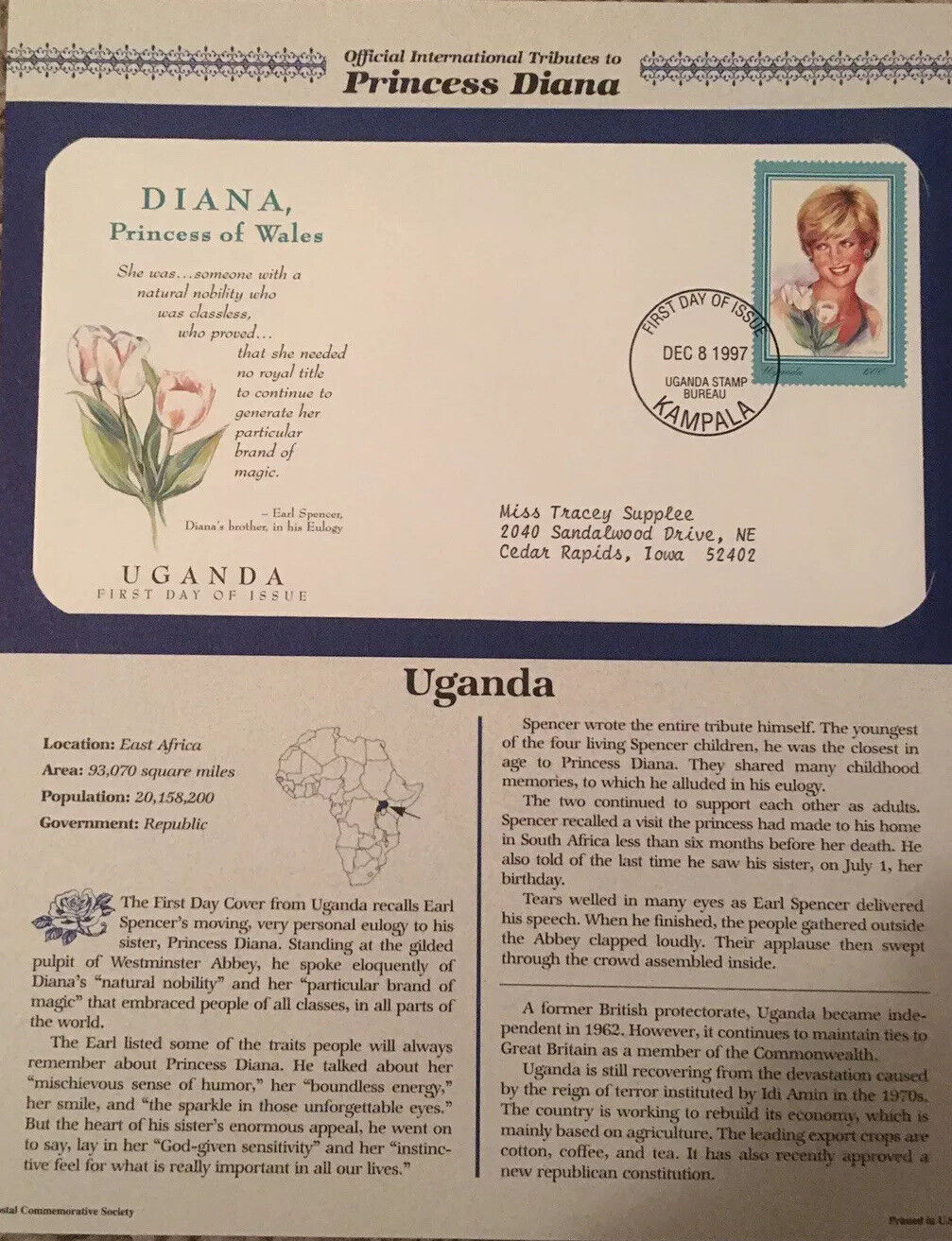 Princess Diana First Day Cover Stamp OFFICIAL INTERNATIONAL TRIBUTES - Uganda