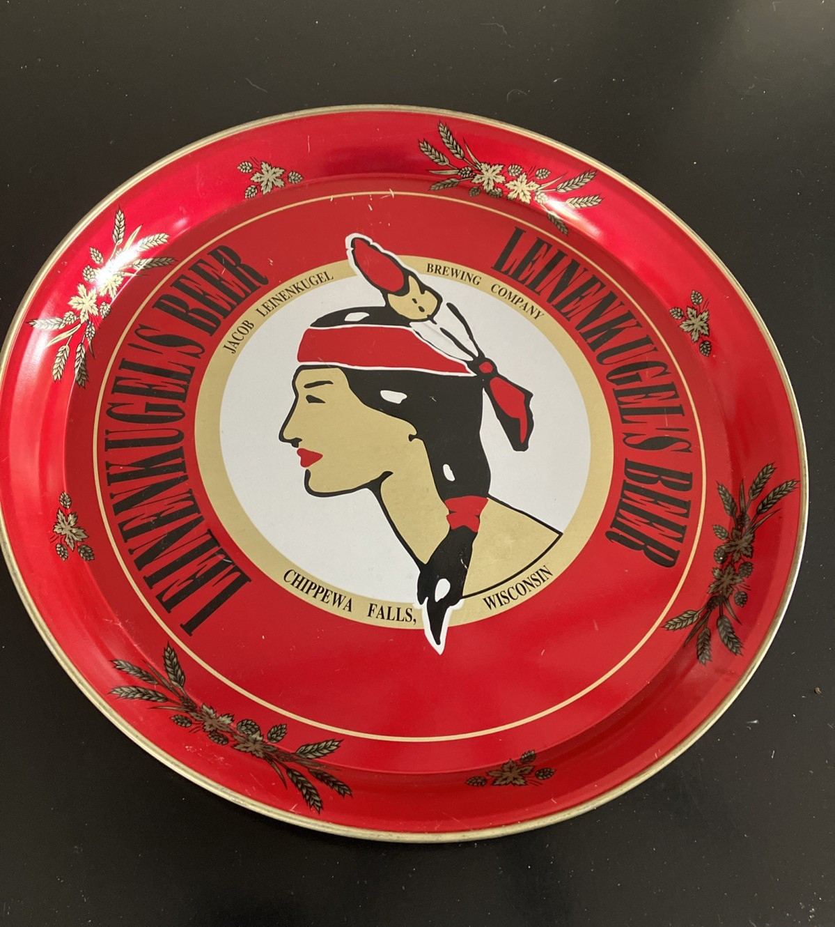 Leinenkugel's Beer Tray 12" Chippewa Falls WI Indian Maiden Bright Colors Leinenkugel's Beer Tray 12" Chippewa Falls WI Indian Maiden Bright Colors
