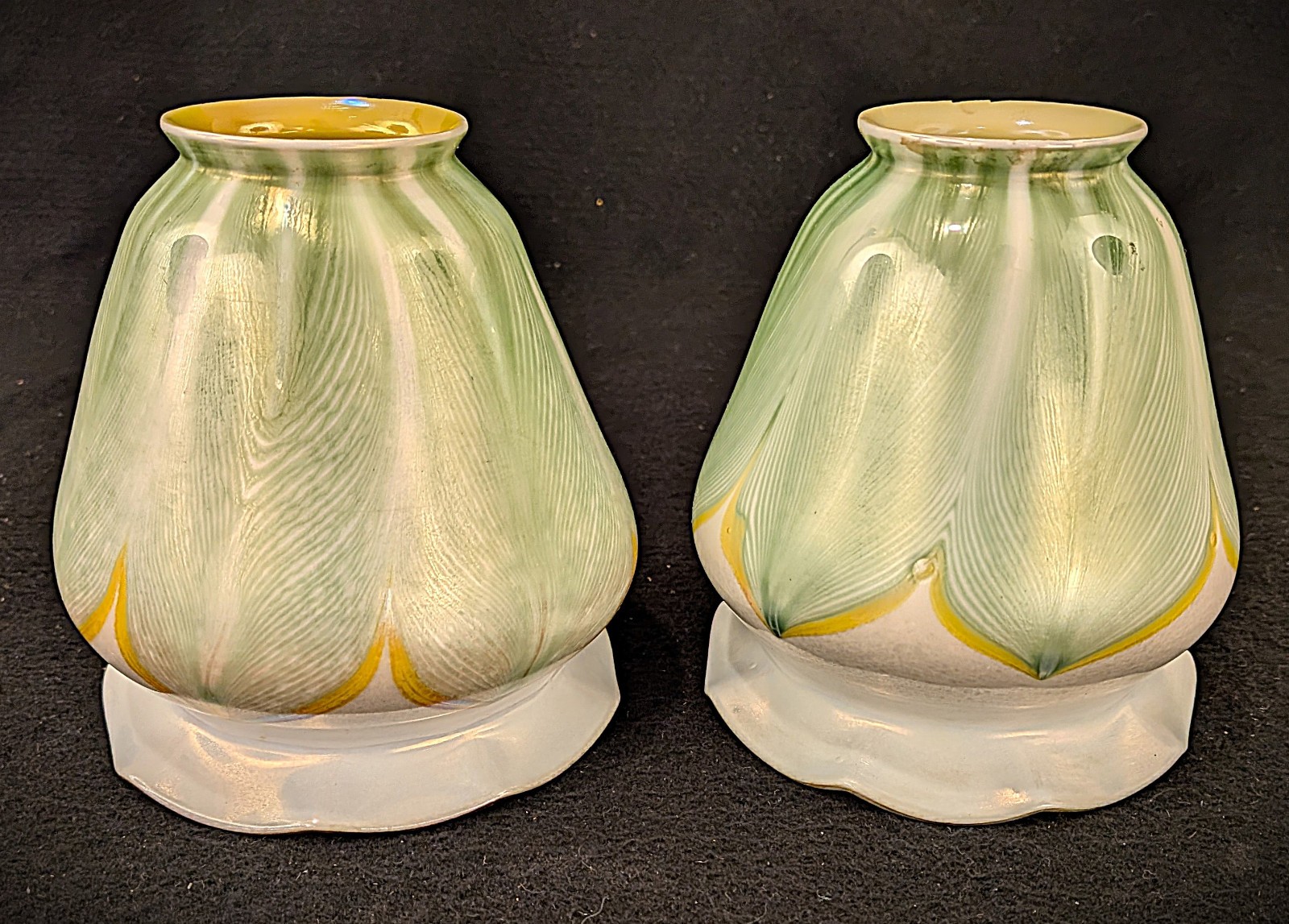 Pair of Quezal or Steuben Glass Green Pulled Feather Lamp Shades Unsigned Pair of Quezal or Steuben Glass Green Pulled Feather Lamp Shades Unsigned
