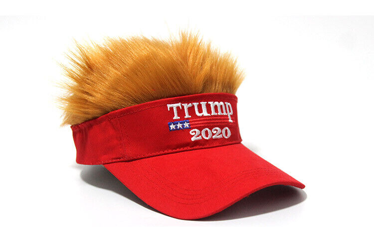 President Donald TRUMP 2020 Red Trumpy Visor Hat w/Gold Hair Golf Cap Wig MAGA