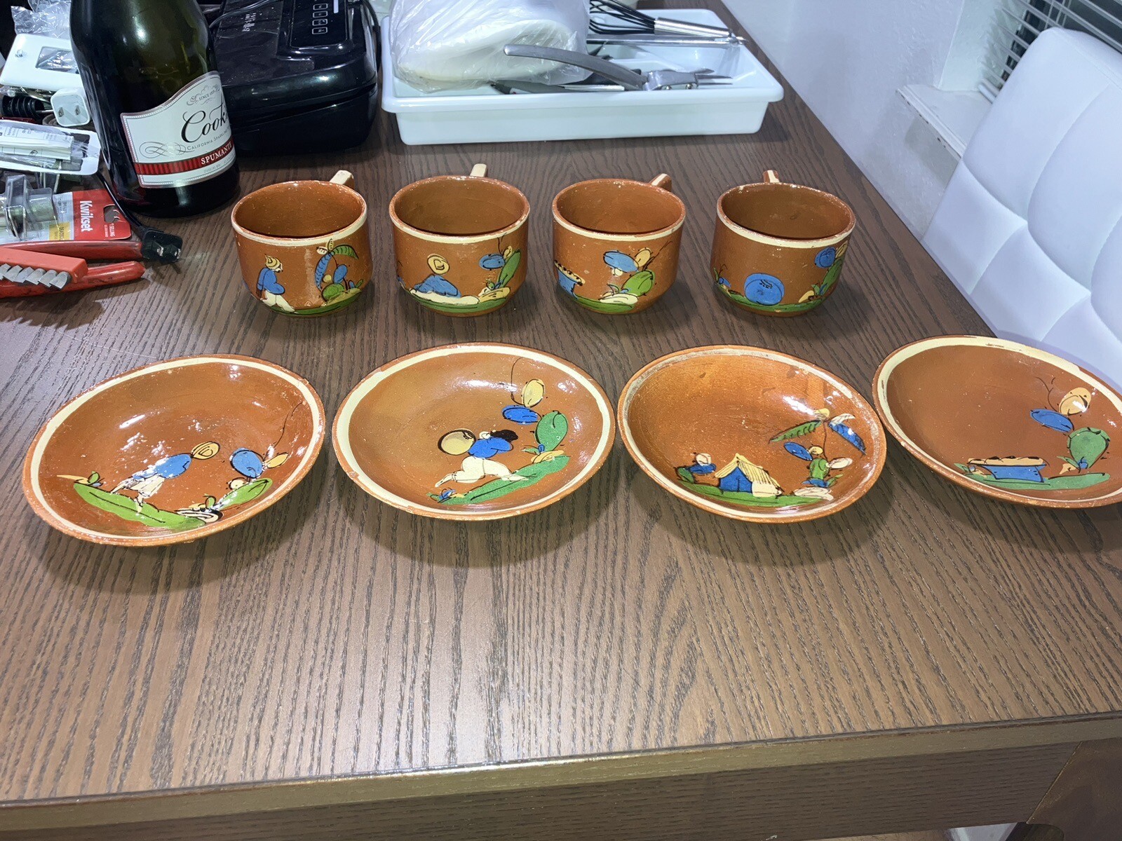 RARE Antique 1920s-30s Mexican Tlaquepaque Pottery Cups & Saucers Folk Art. RARE Antique 1920s-30s Mexican Tlaquepaque Pottery Cups & Saucers Folk Art.