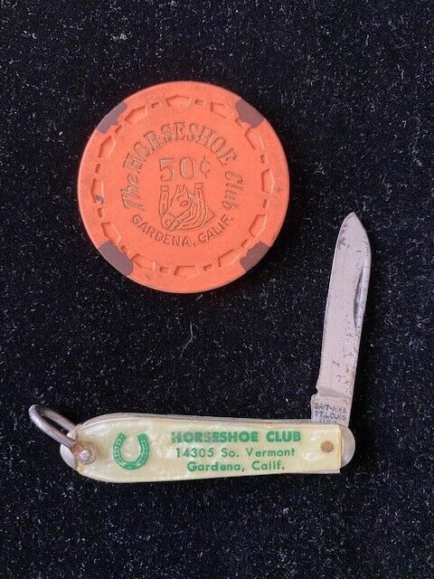 RARE Vintage HORSESHOE CLUB Gardena Advertising Pocketknife & 50 cent Poker Chip