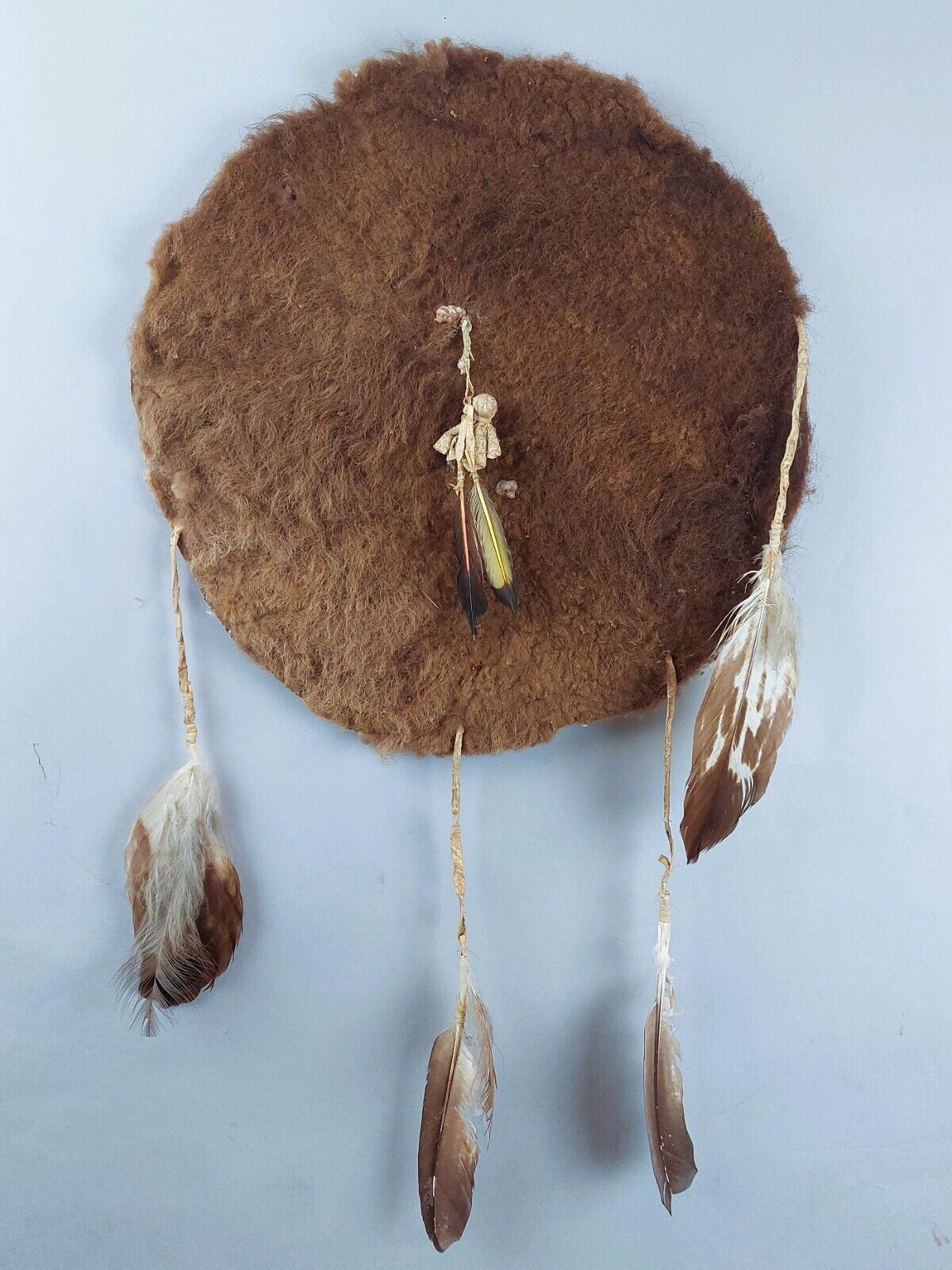 Native American Buffalo Hyde Dance Shield with Fetish & Feathers