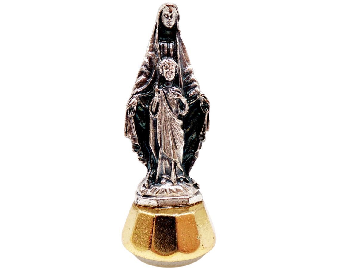 Two Toned Madonna and Child Adhesive Mini Figurine on Base 2 1/4 Inches