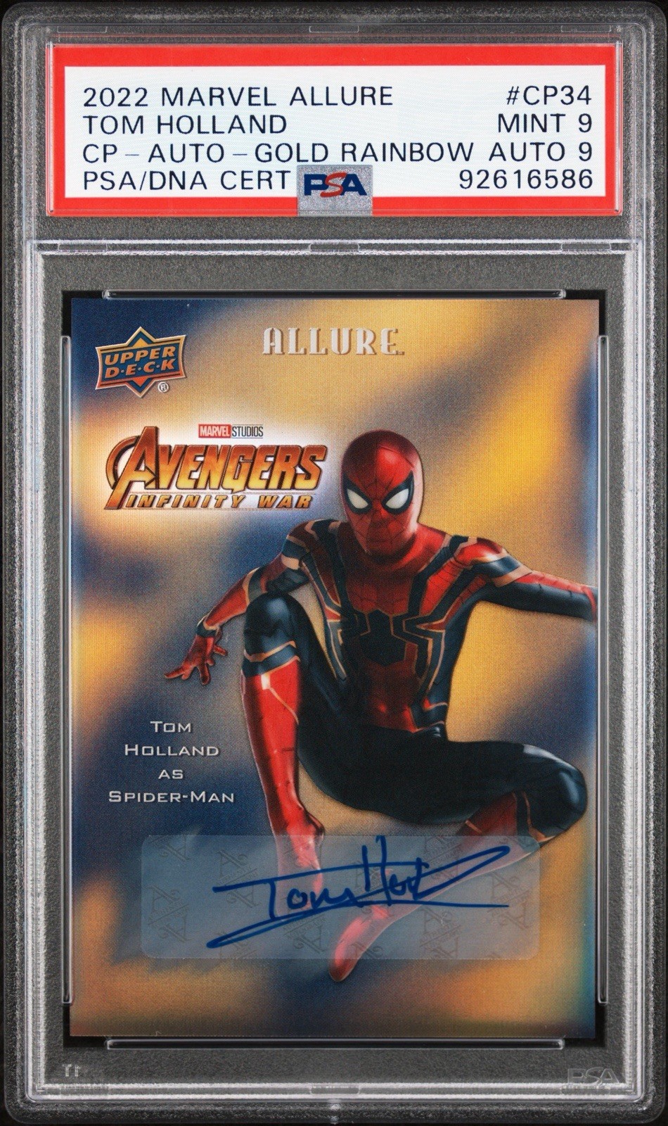 2022 UPPER DECK MARVEL ALLURE Spider Man Tom Holland #CP34 Gold Auto /5 PSA 9
