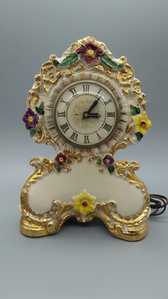 Vintage Lanshire Mantle Clock MCM Ceramic Electric Victorian Flowered Tested EUC
