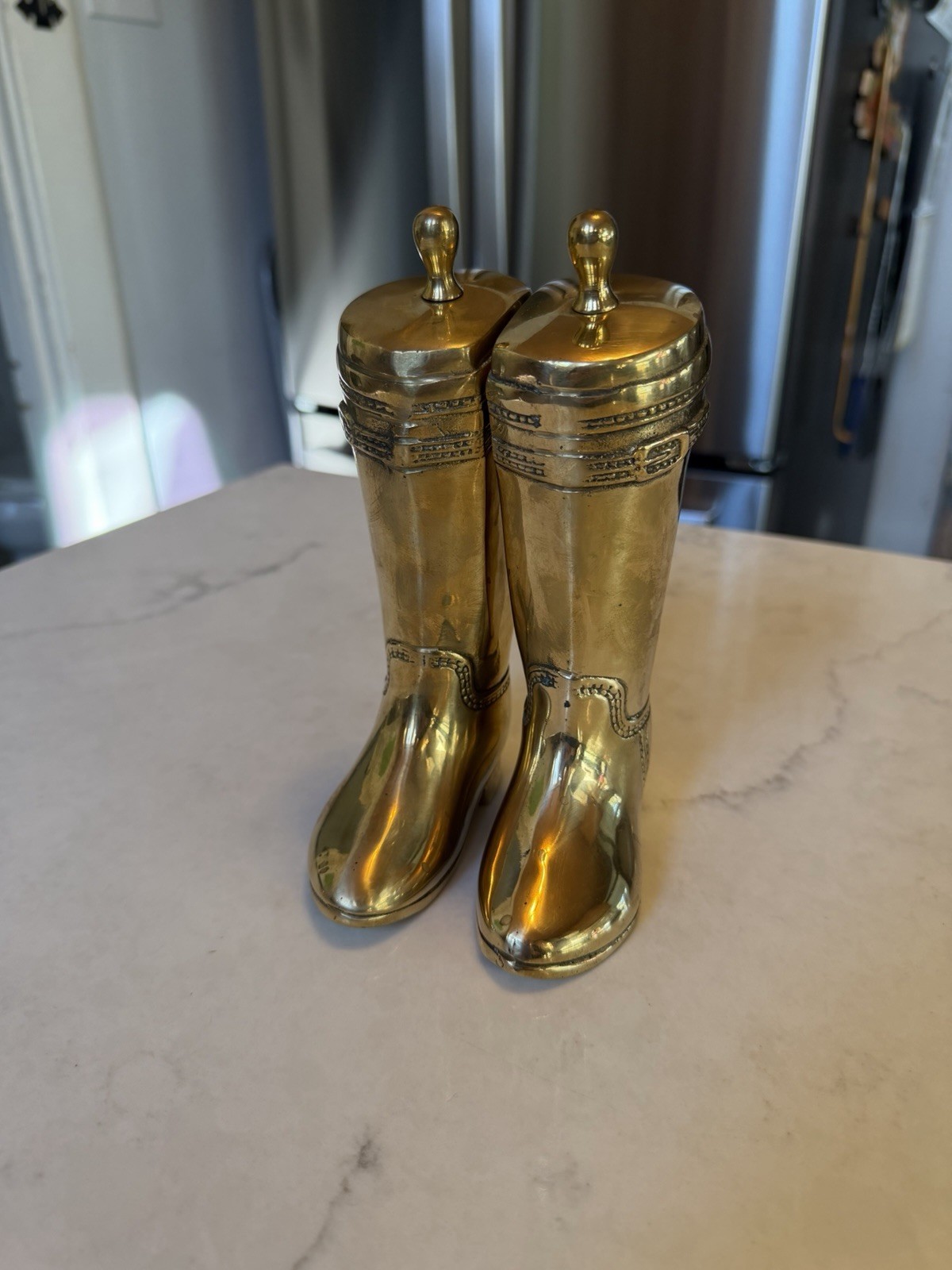 Vintage pair of brass riding boots bookends, Made in Korea. 7.5 inches Vintage pair of brass riding boots bookends, Made in Korea. 7.5 inches