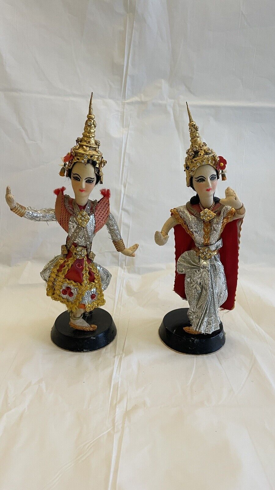 Vintage 1950s Handmade Thai Dancer Dolls in Traditional Costumes - Lot Of 2