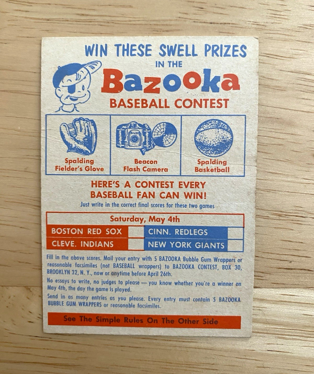 1957 Topps Bazooka Contest May 4th VG (Crease) 1957 Topps Bazooka Contest May 4th VG (Crease)