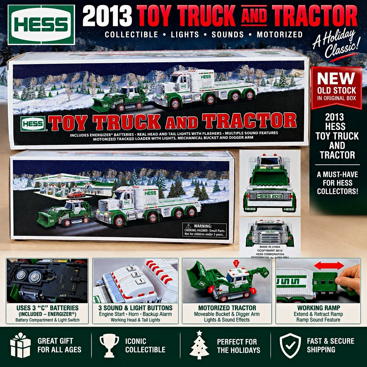 2013 Hess Toy Truck & Tractor NEW In Original Box Lights Sounds Motorized 2013 Hess Toy Truck & Tractor NEW In Original Box Lights Sounds Motorized