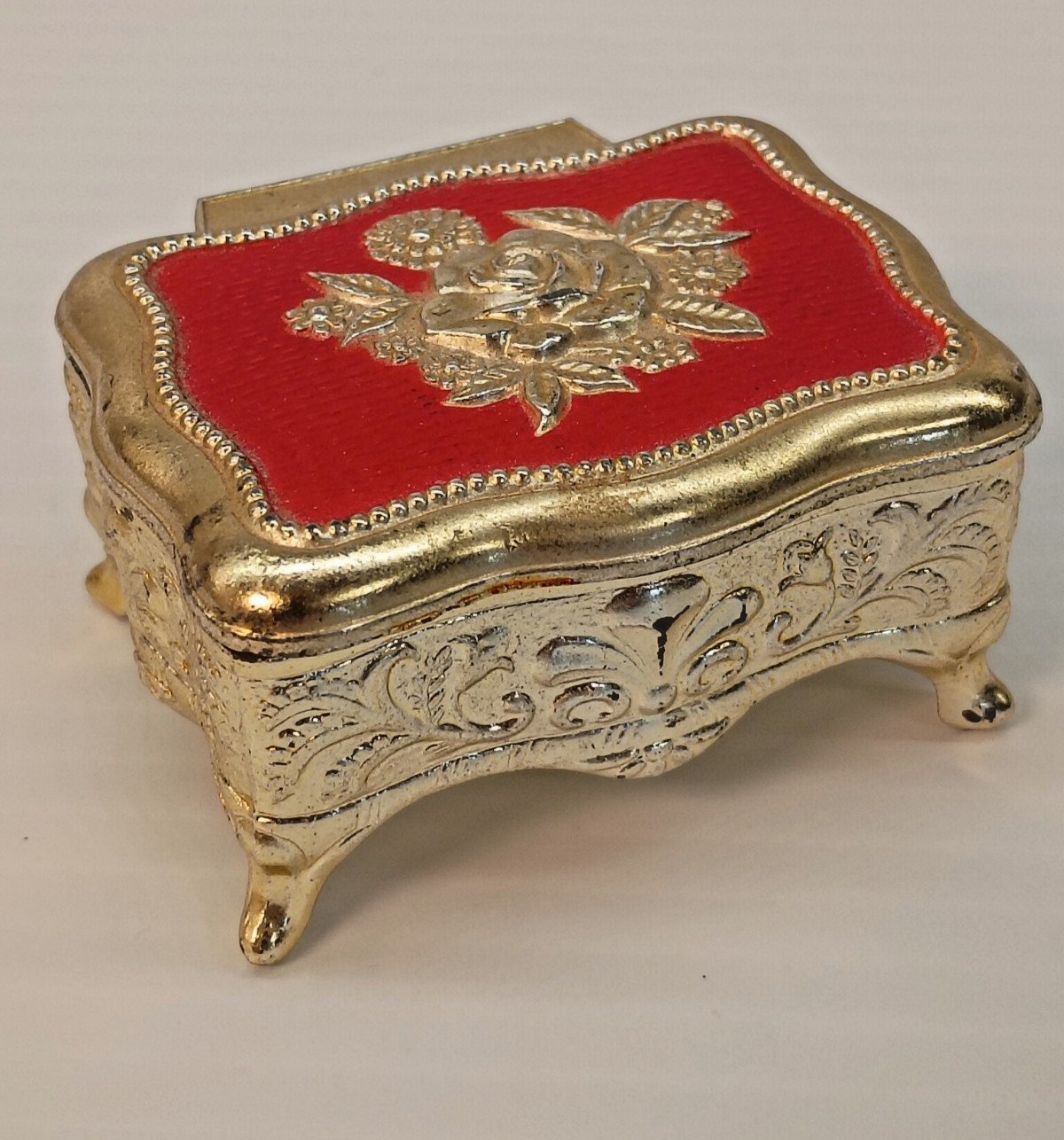 Vintage Made In Japan Victorian Revival Small Trinket Box Gold Tone Red Interior Vintage Made In Japan Victorian Revival Small Trinket Box Gold Tone Red Interior