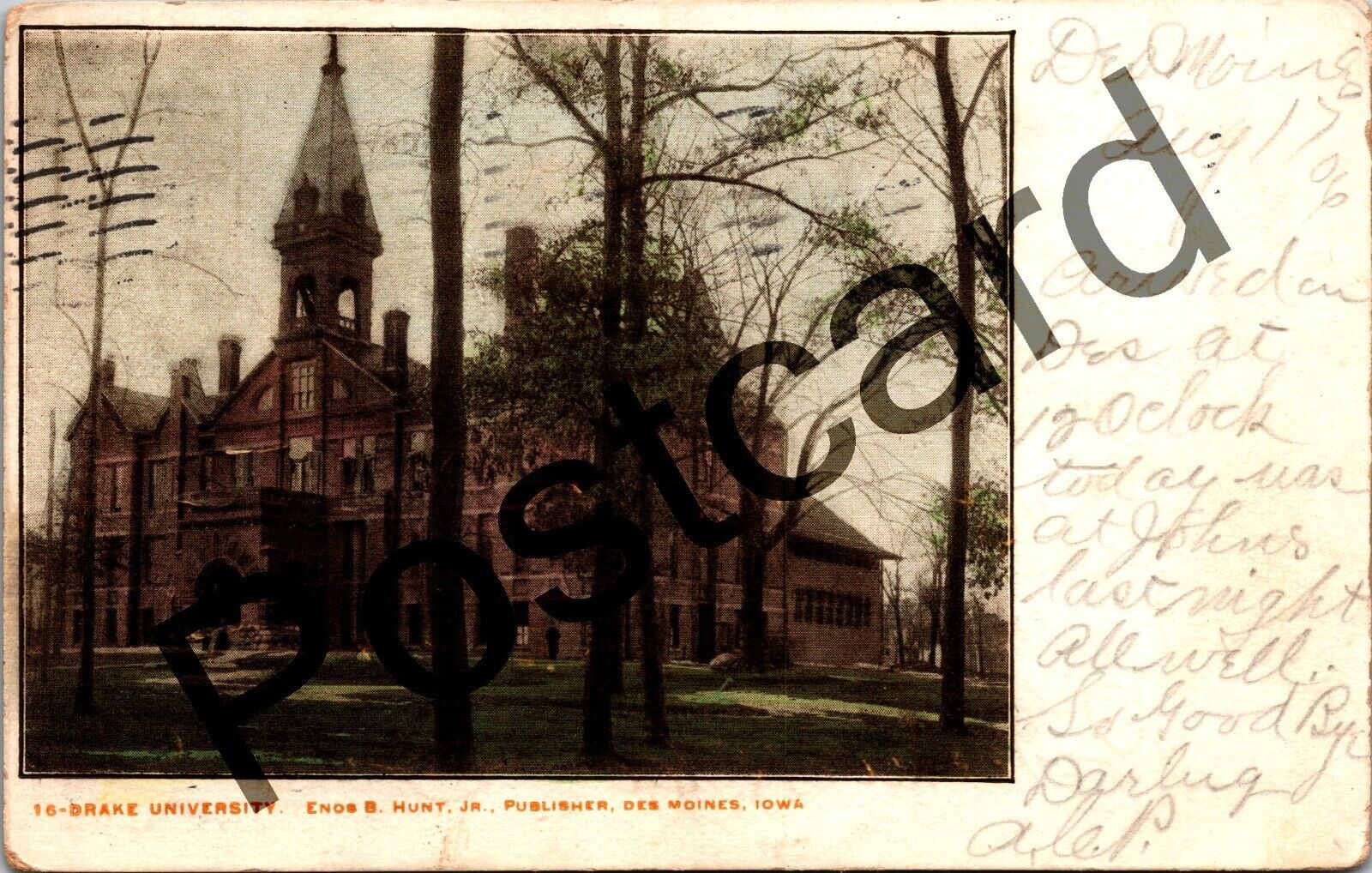 1906 DES MOINES IA, Drake University, Enos B. Hunt Jr. postcard jj136