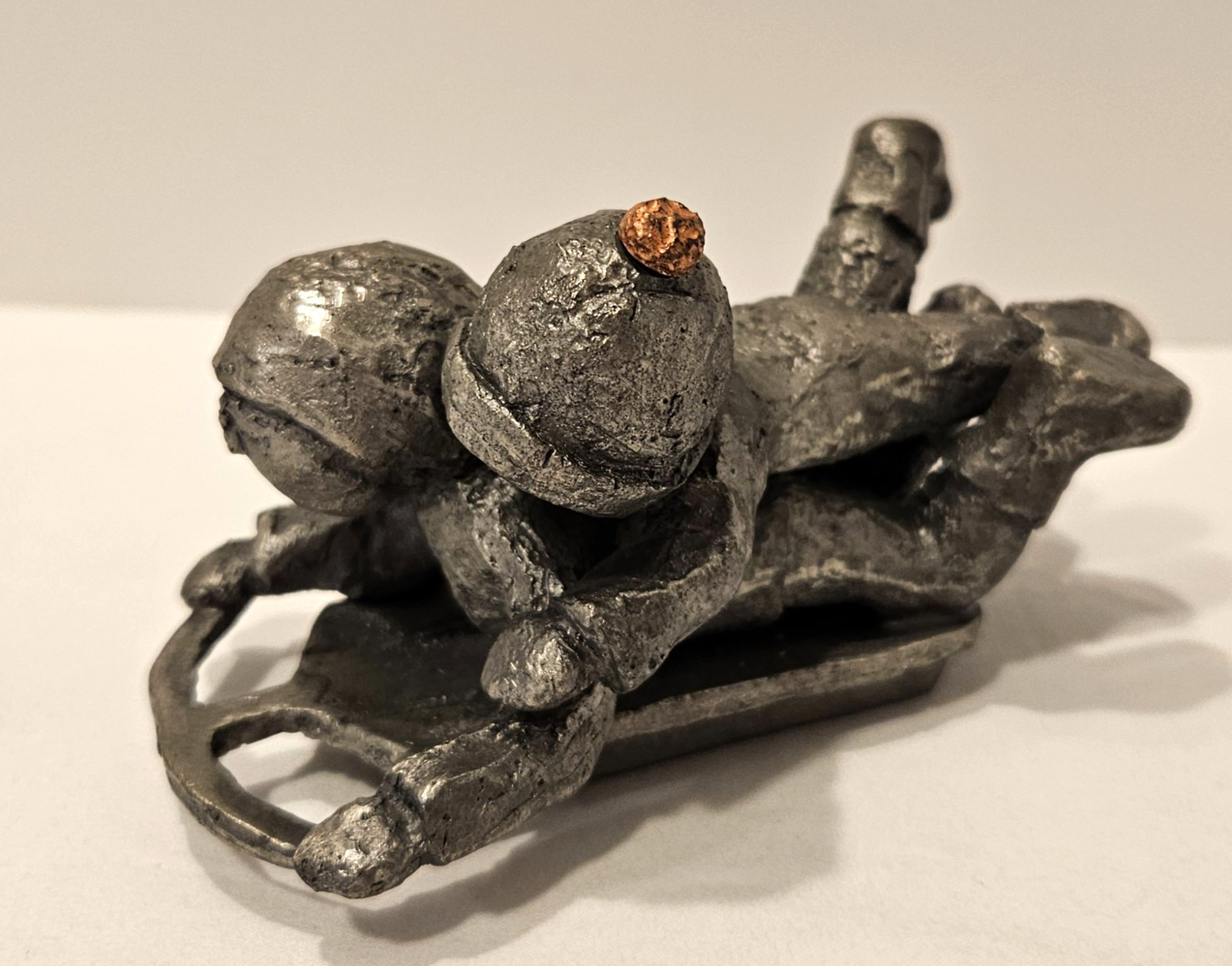Hudson Pewter Walli Ortman #024 'Going Sledding' 2 Children Copper Tassel Hudson Pewter Walli Ortman #024 'Going Sledding' 2 Children Copper Tassel