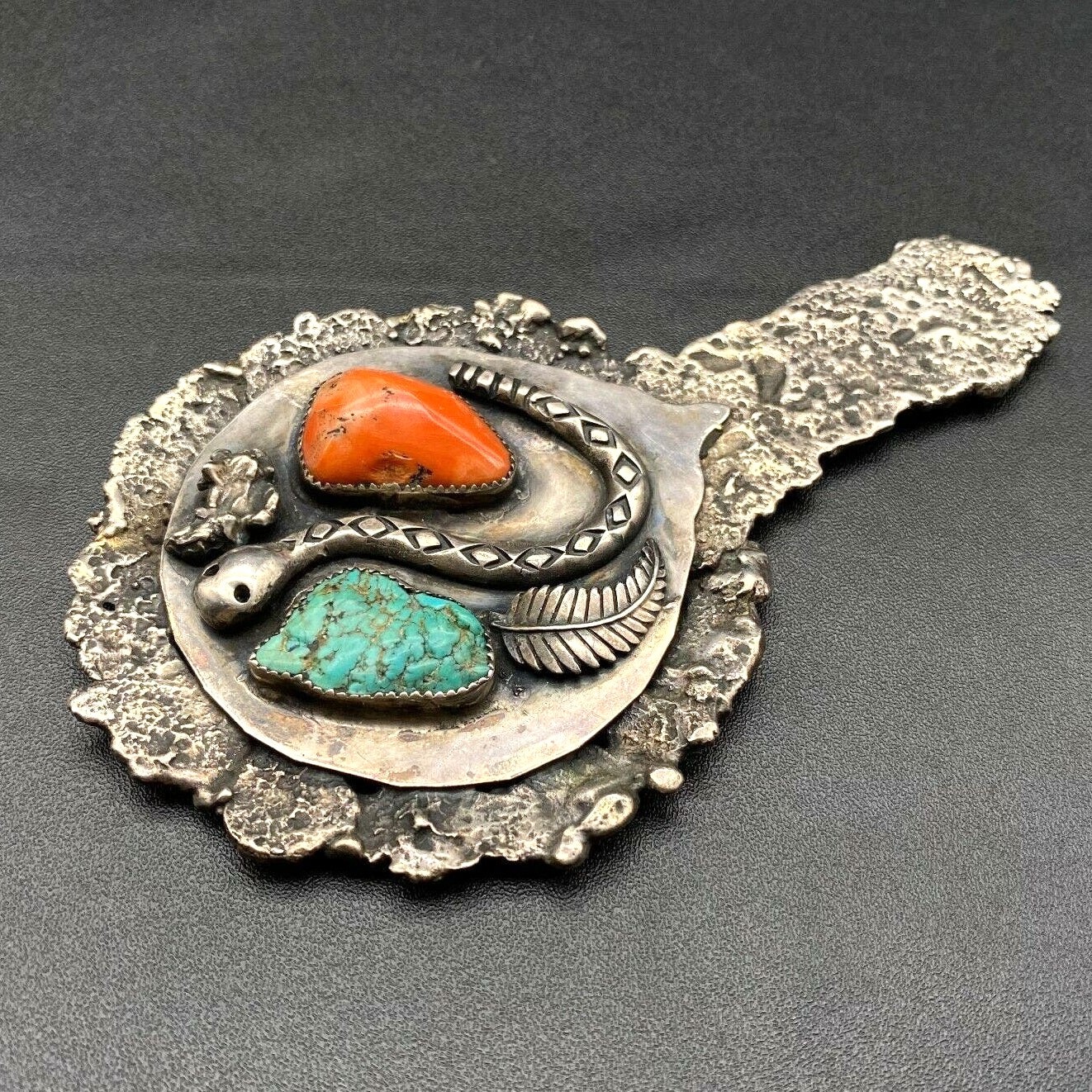 Vintage Alberto Contreras Turquoise Coral Sterling Silver Snake Hand Mirror Vintage Alberto Contreras Turquoise Coral Sterling Silver Snake Hand Mirror