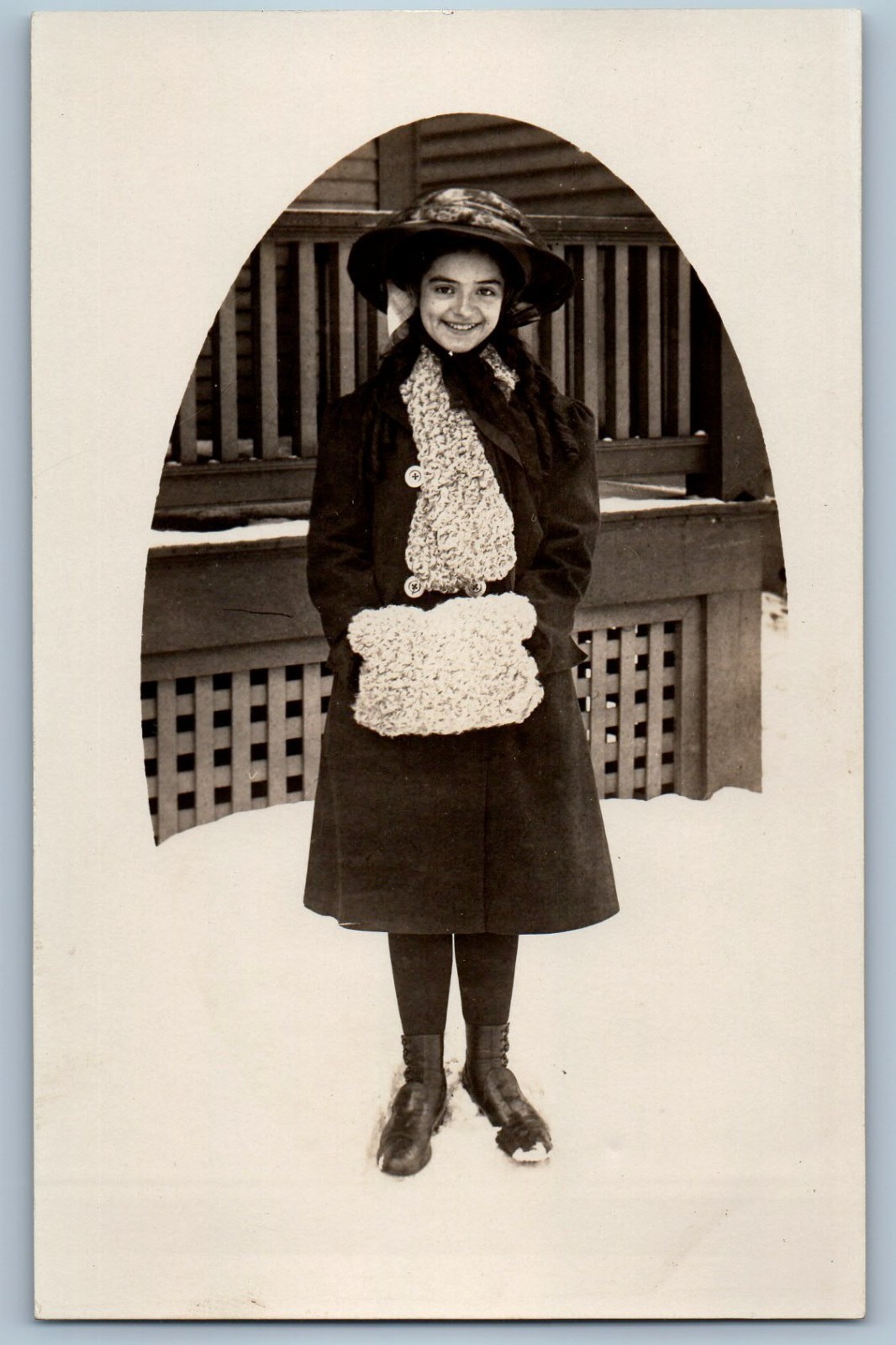 c1910's Pretty Woman Smiling With Hat Winter Scene RPPC Photo Antique Postcard