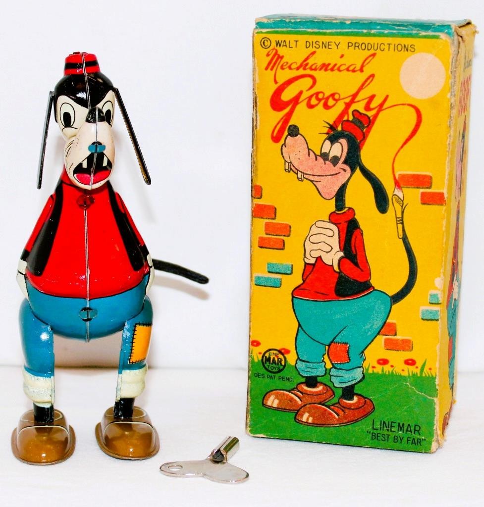 DISNEY 1950s PRISTINE "MECHANICAL GOOFY" LINEMAR WIND-UP TOY-ALL ORIG. BOXED SET