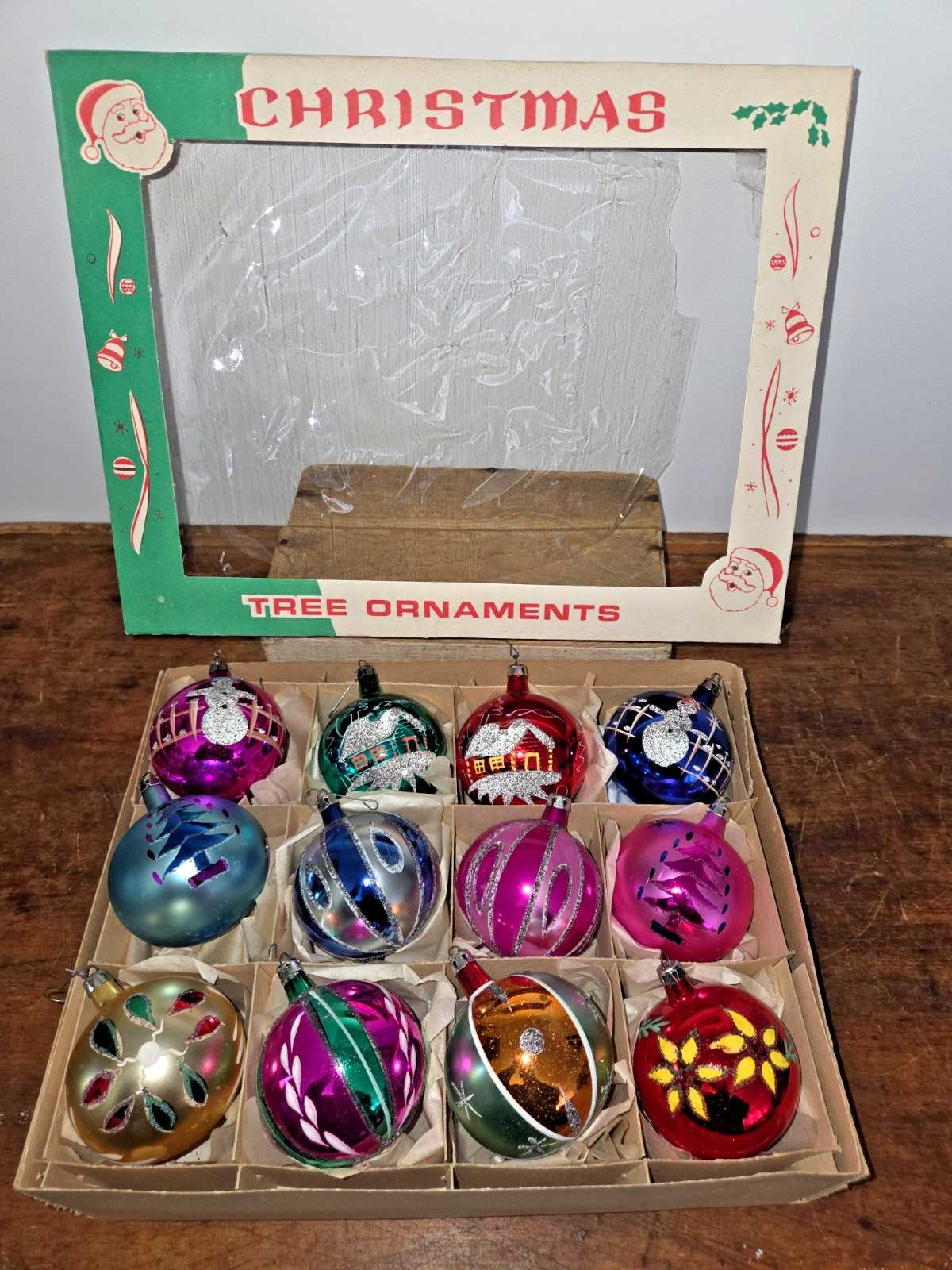 Box 12 Vintage Poland HP Round Glass Christmas Ornaments 2.5" Mica MCM Box 12 Vintage Poland HP Round Glass Christmas Ornaments 2.5" Mica MCM
