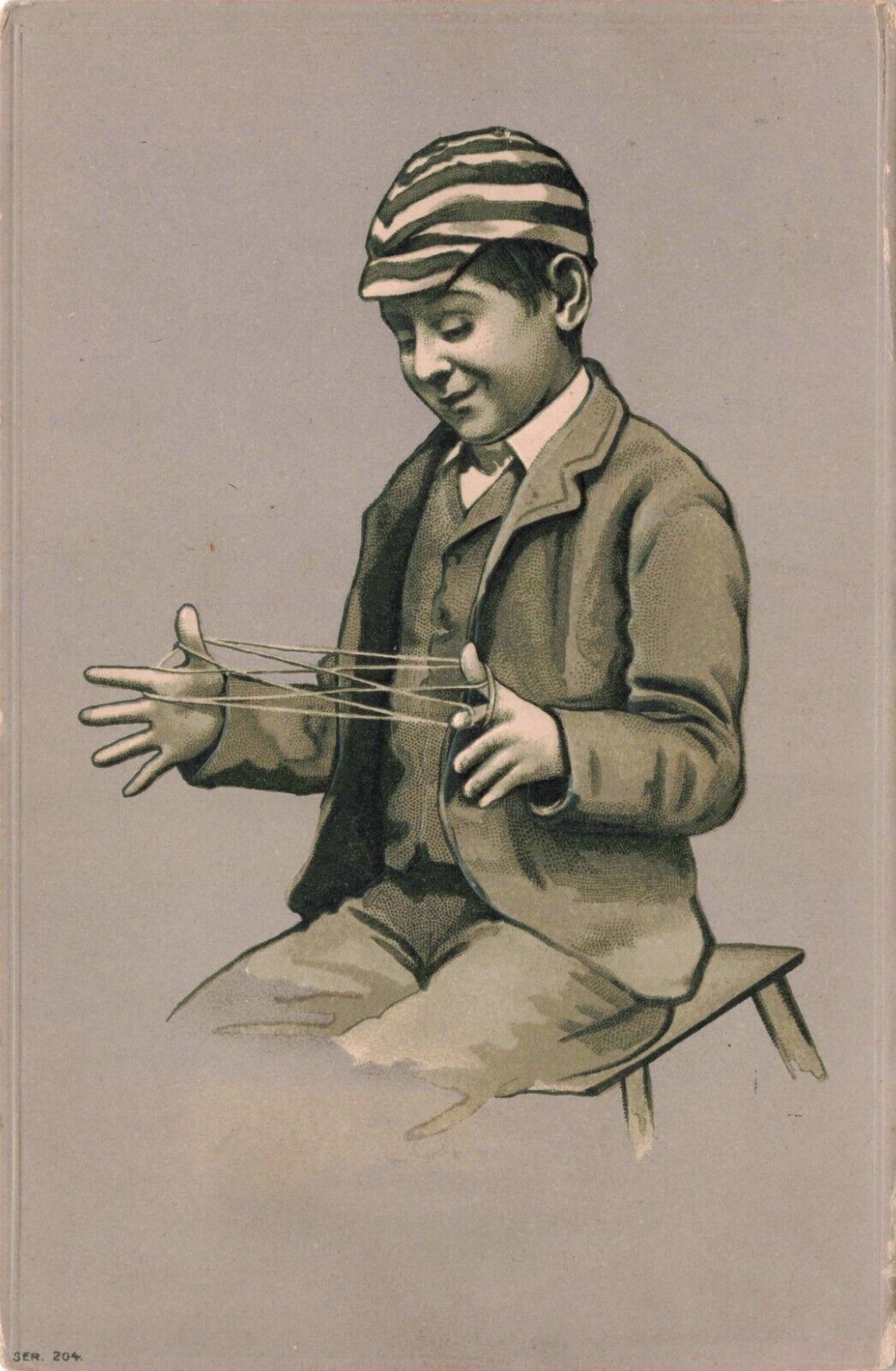 Young Boy Plays Cats Cradle Game with String Series 204 Vintage Postcard