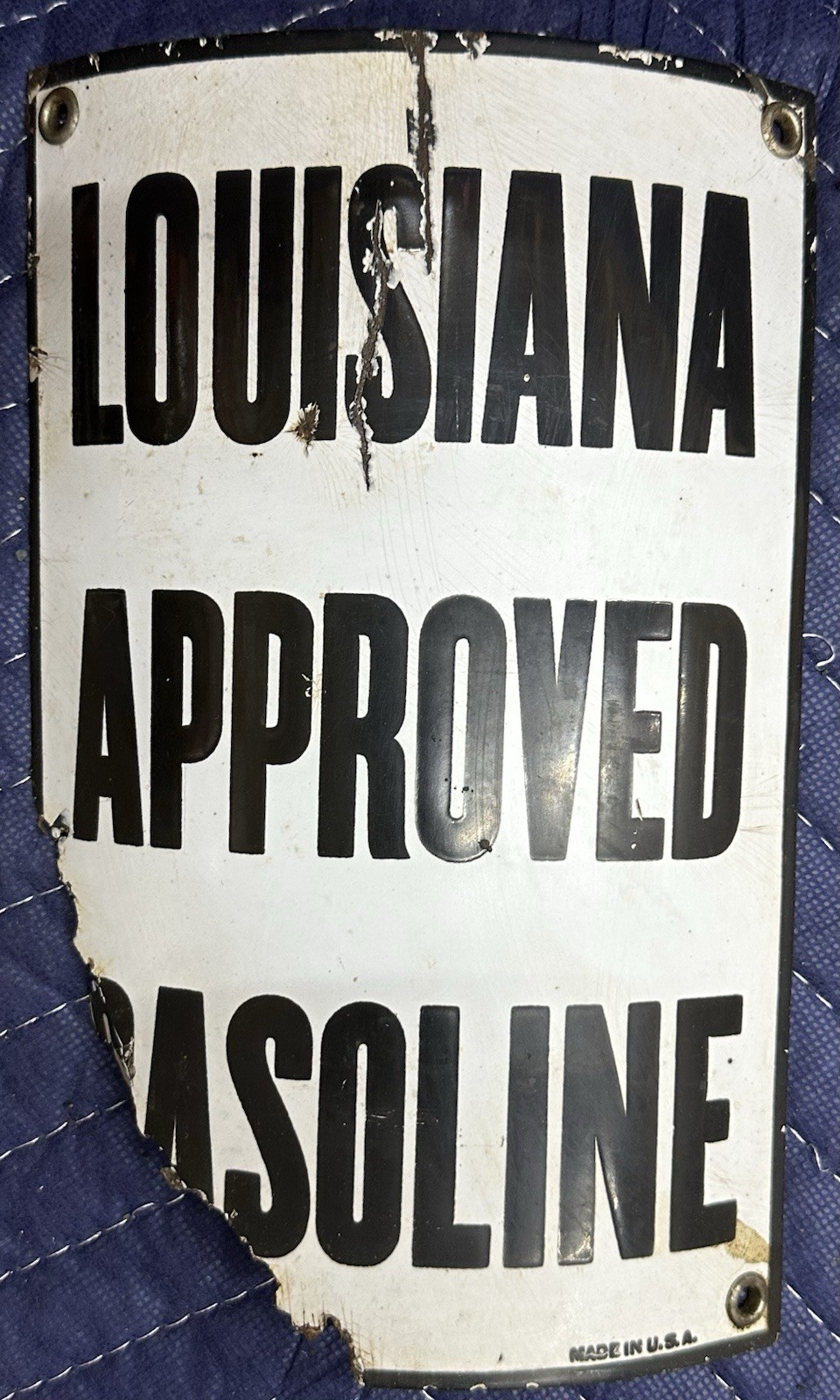 EARLY Vintage LOUISIANA APPROVED GASOLINE Curved PORCELAIN Pump Plate Visible EARLY Vintage LOUISIANA APPROVED GASOLINE Curved PORCELAIN Pump Plate Visible