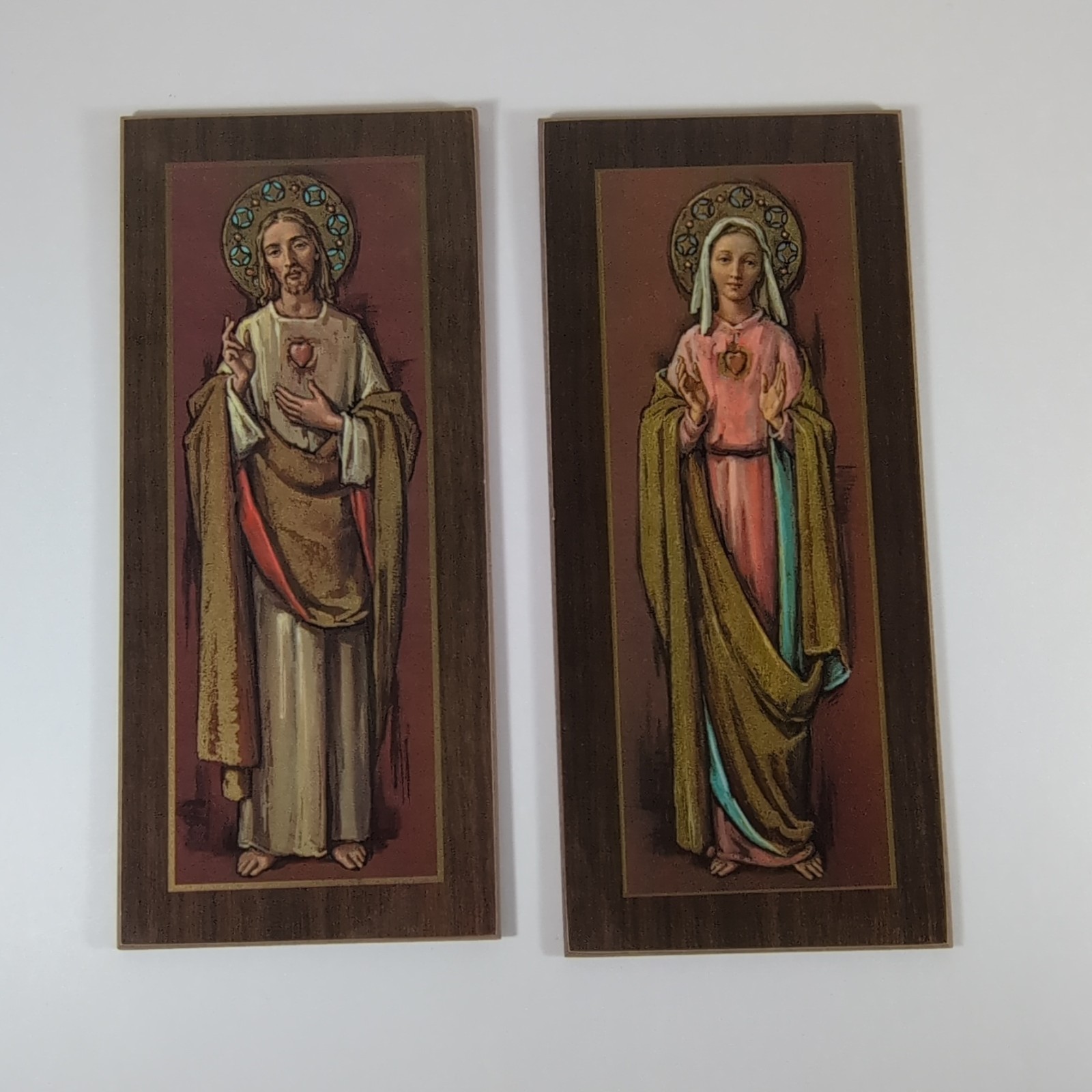 Vintage 1972 Sacred Heart of Jesus Immaculate Heart of Mary Wood Plaques Set