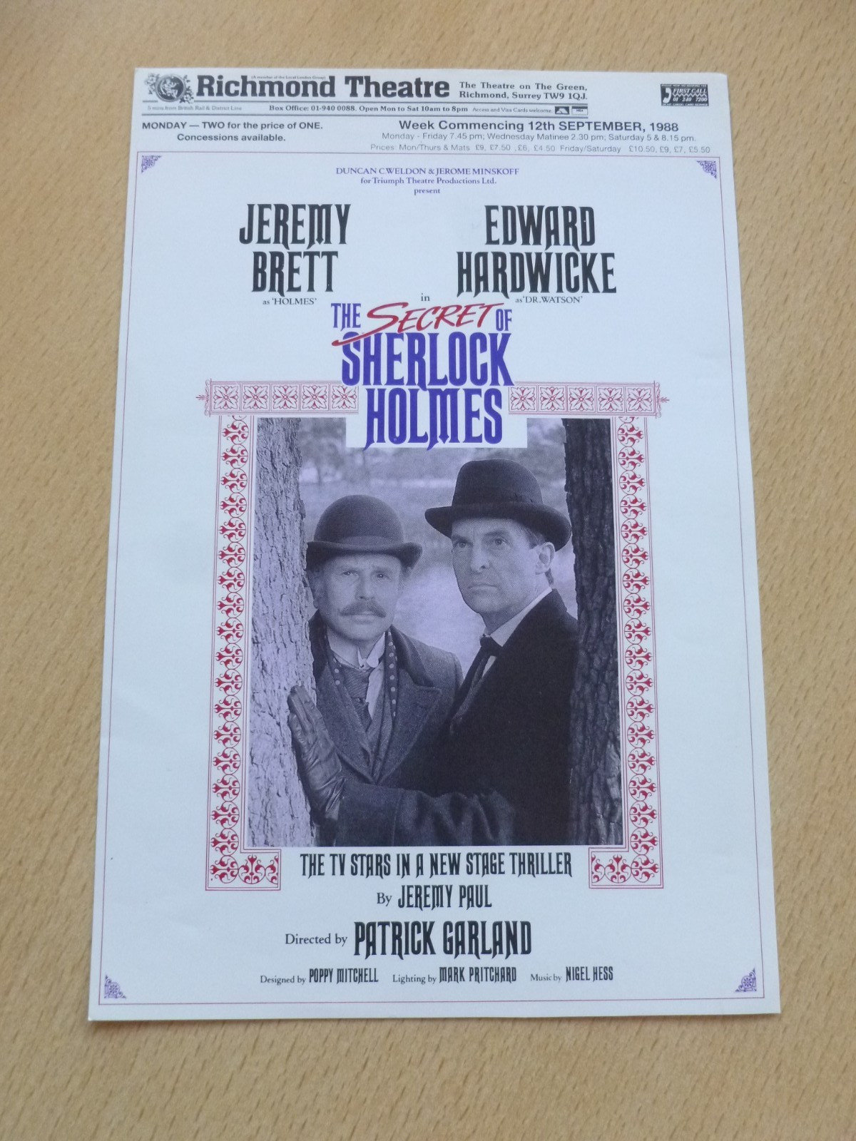 Jeremy Brett Edward Hardwicke Secret Of Sherlock Holmes Richmond Theatre Flyer Jeremy Brett Edward Hardwicke Secret Of Sherlock Holmes Richmond Theatre Flyer