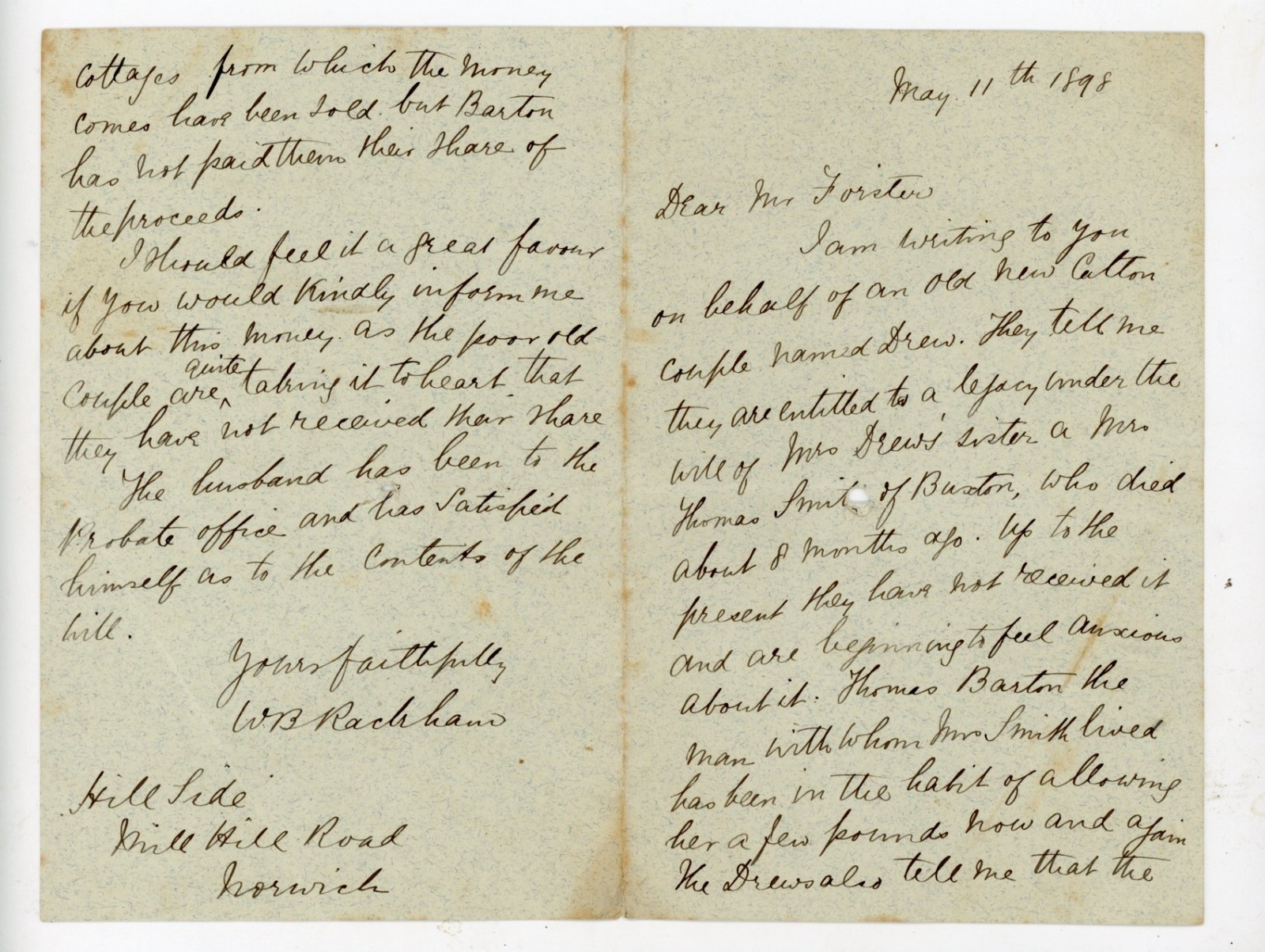 Antique Victorian Handwritten Letter May 11, 1898 W.B. Rackham Norwich Norfolk Antique Victorian Handwritten Letter May 11, 1898 W.B. Rackham Norwich Norfolk