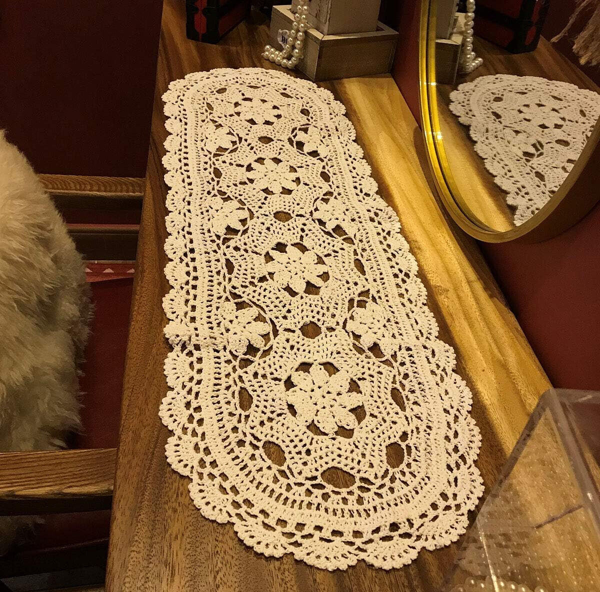 12"x40" Vintage Hand Crochet Lace Table Runner Dresser Scarf Oval Tablecloth 12"x40" Vintage Hand Crochet Lace Table Runner Dresser Scarf Oval Tablecloth