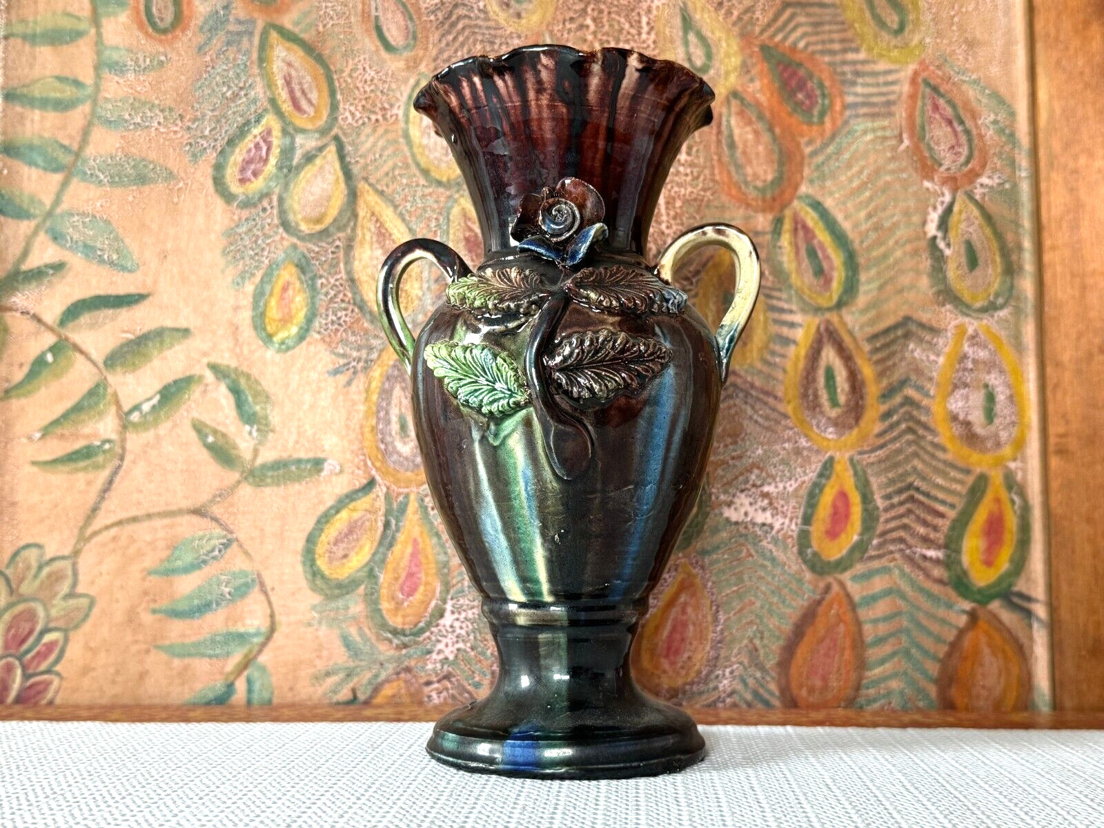 Vintage Royal Haeger Style Brown & Green Glaze Art Pottery Floral Vase