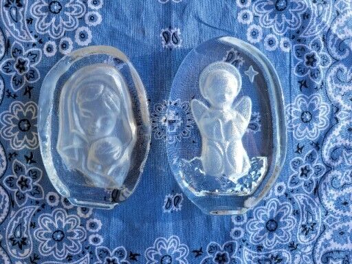 LOT OF 2 Iceberg Carved Glass Virgin Mary and Baby Jesus/ Madonna & Child Angel