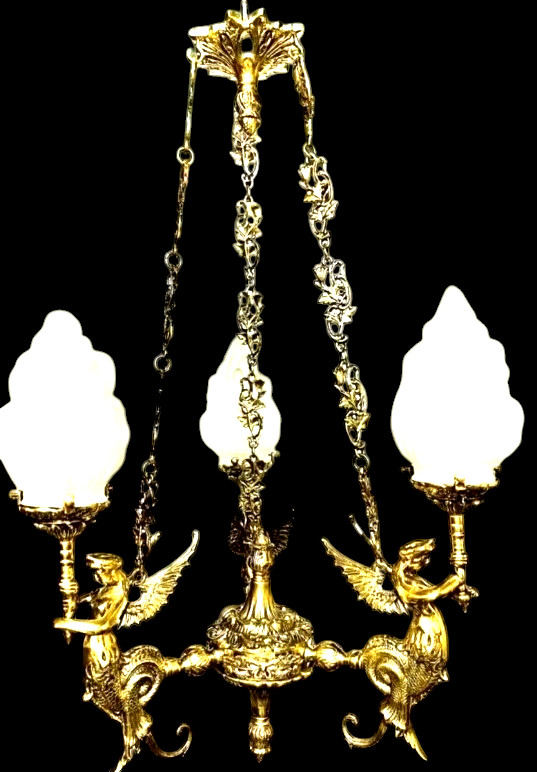 VINTAGE VICTORIAN STYLE MERMAID BRASS & GLASS CEILING LIGHT FIXTURE CHANDELIER