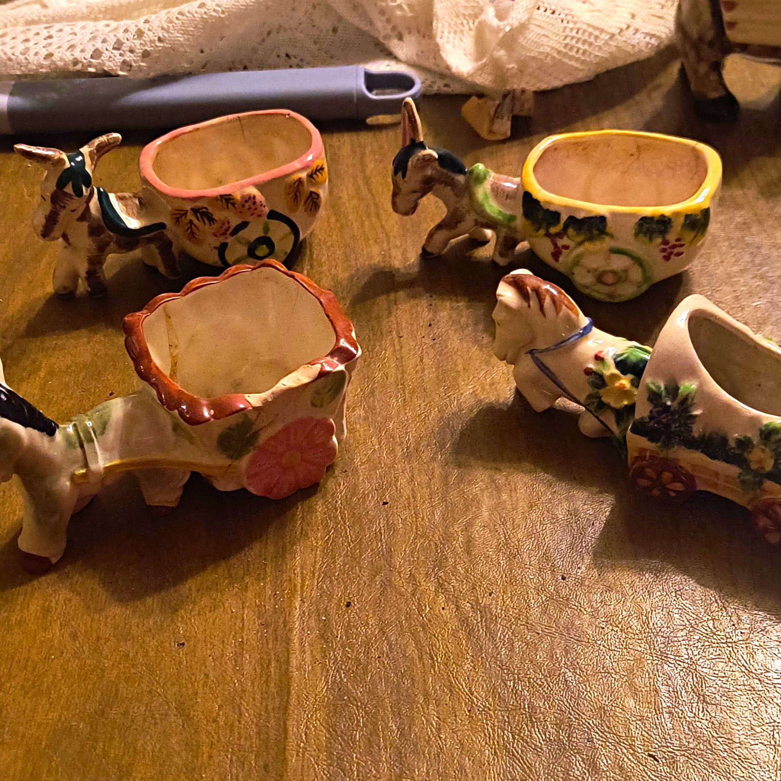 Vintage Mid-Century Japanese Ceramic Donkey & Cart Planter Lot - 4 Piece Set