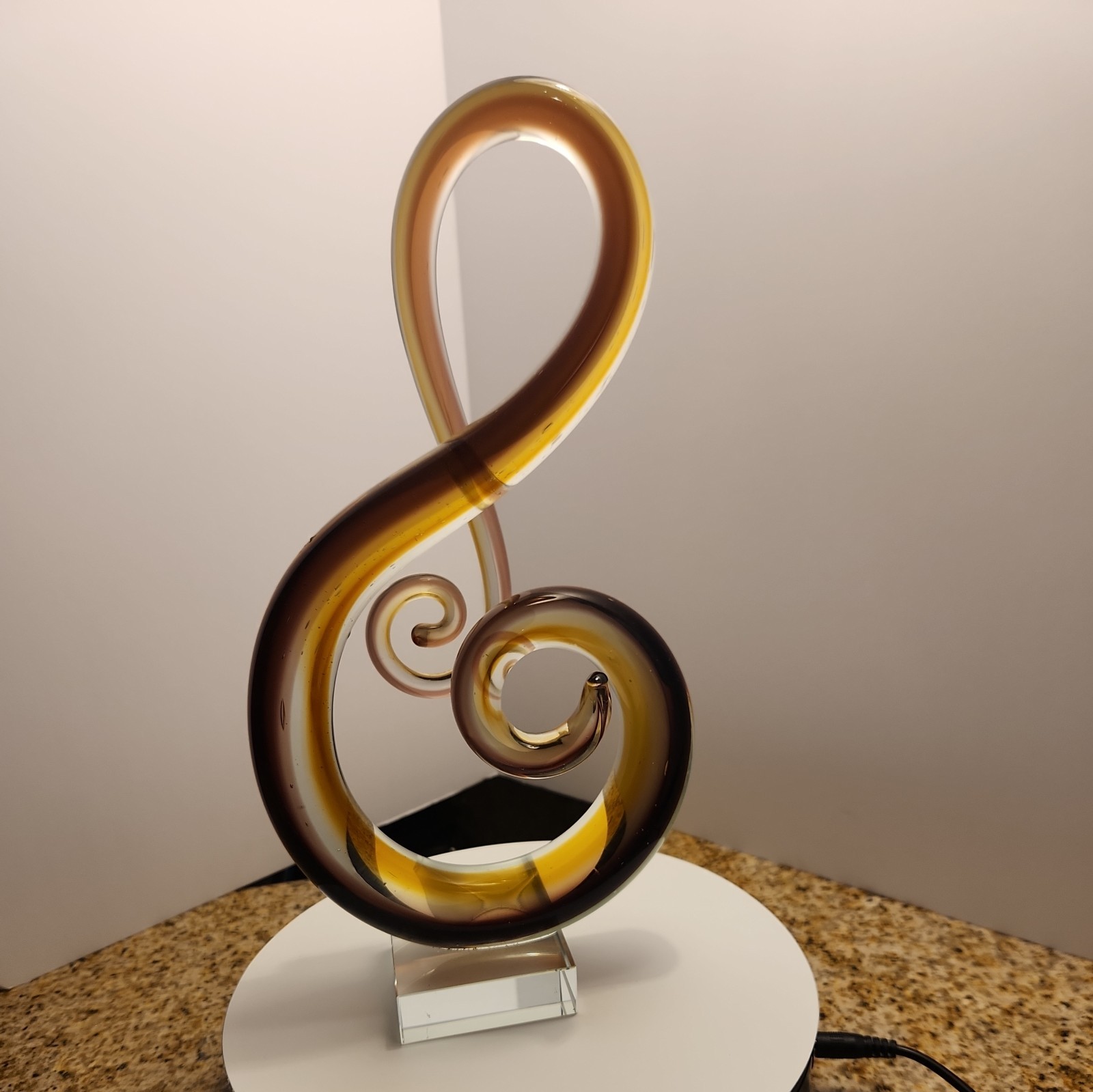 Vintage Sommerso Art Glass Treble Clef Music Sculpture Amber/Purple Crystal Base