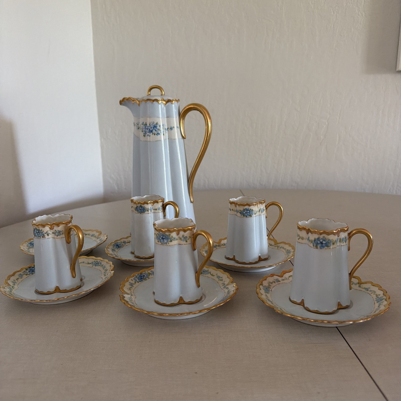 Antique M&Z Austria Porcelain Chocolate Pot Set 5 Cup 6 Saucer Antique M&Z Austria Porcelain Chocolate Pot Set 5 Cup 6 Saucer