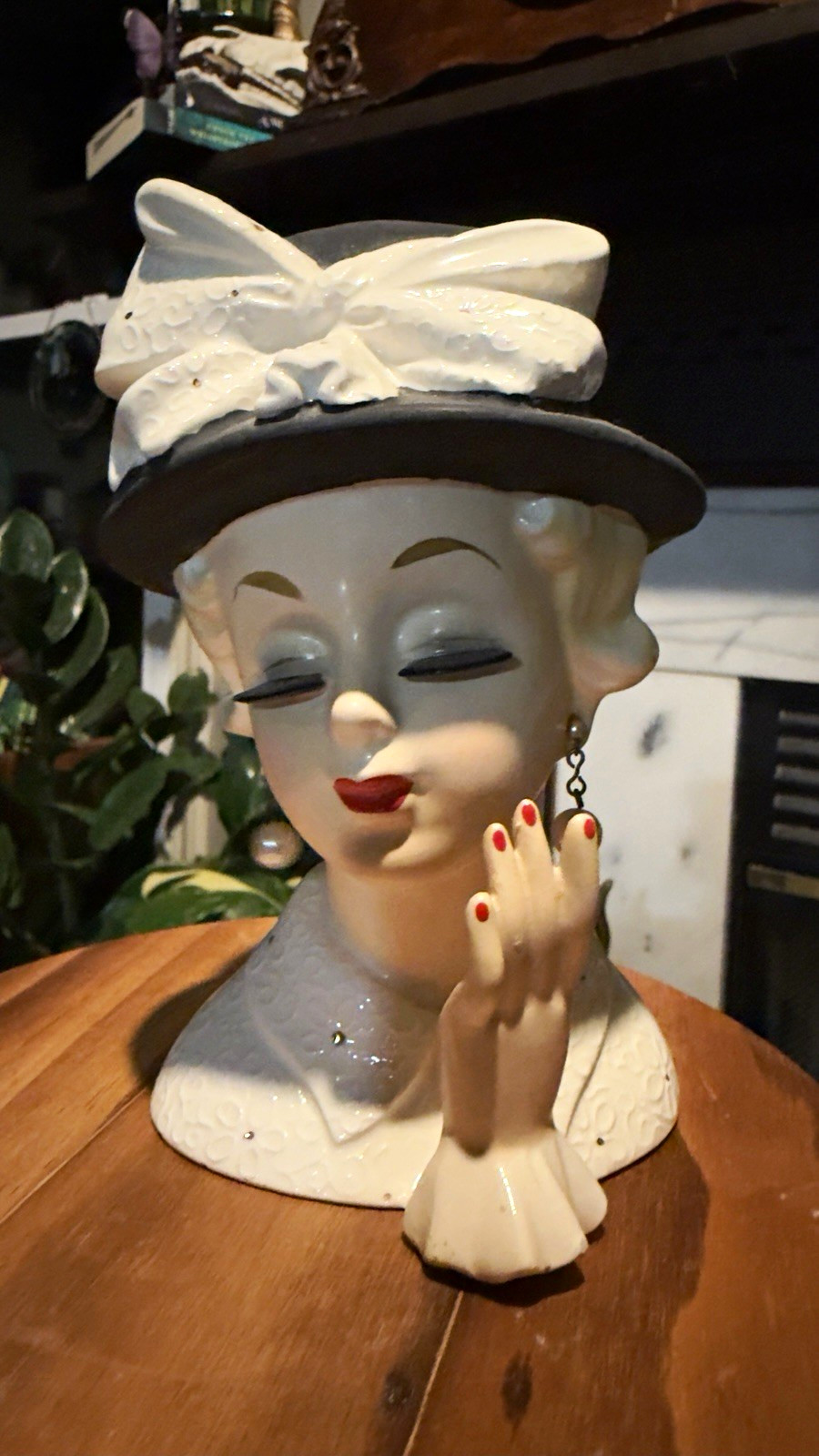 Vintage Hand-Painted Ceramic Lady Head Vase White/Black Hat & Bow Decor