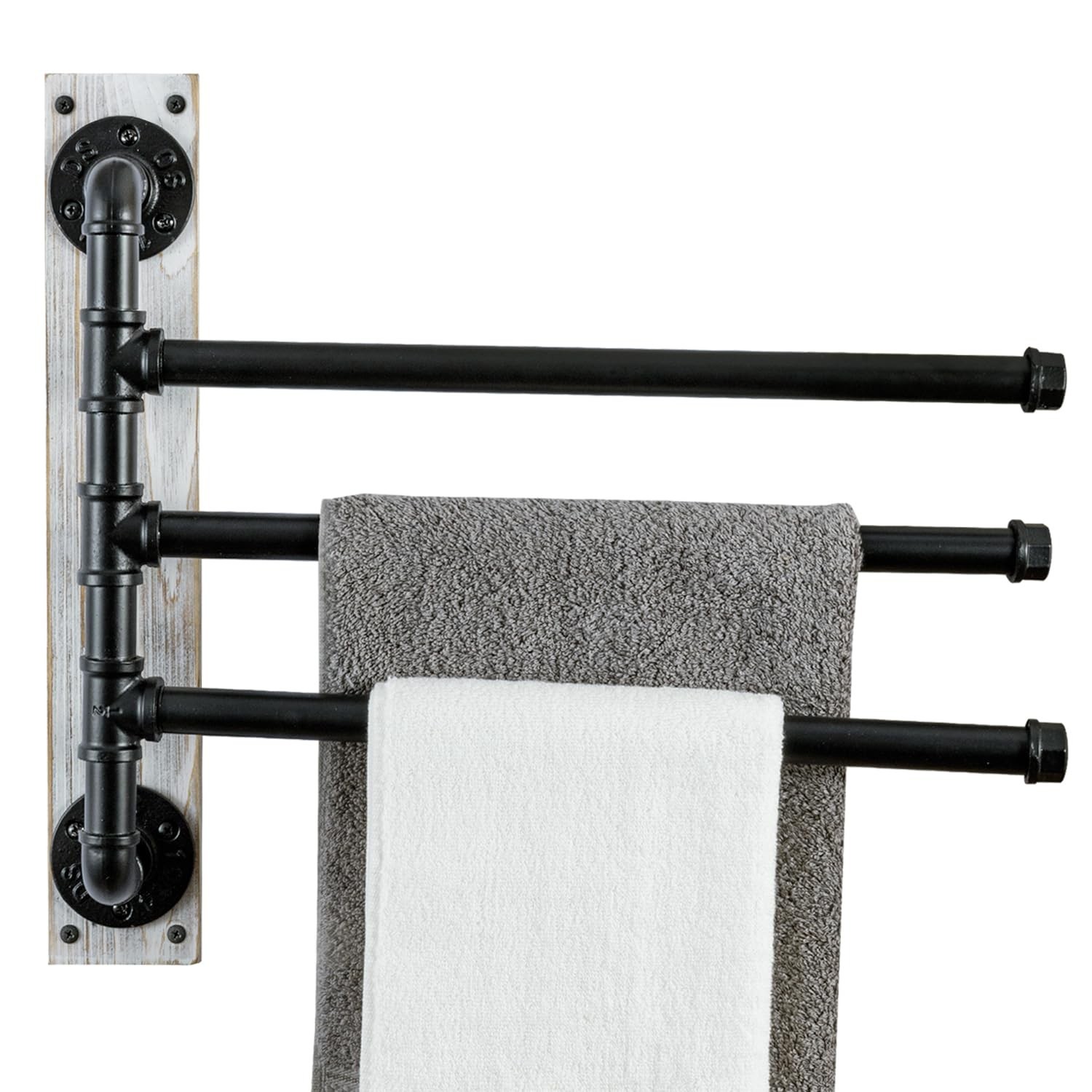 MyGift 3 Tier Swivel Towel Rack, Wall Mounted White Metal & Wood Holder