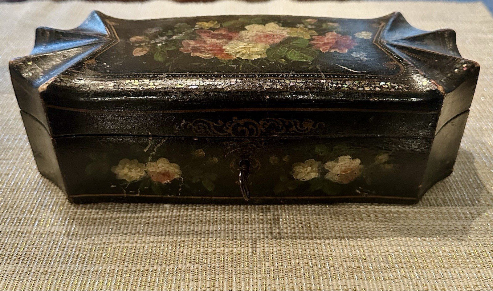 Antique Victorian Lacquered Wood Glove Box Hand-Painted Mother of Pearl Inlay