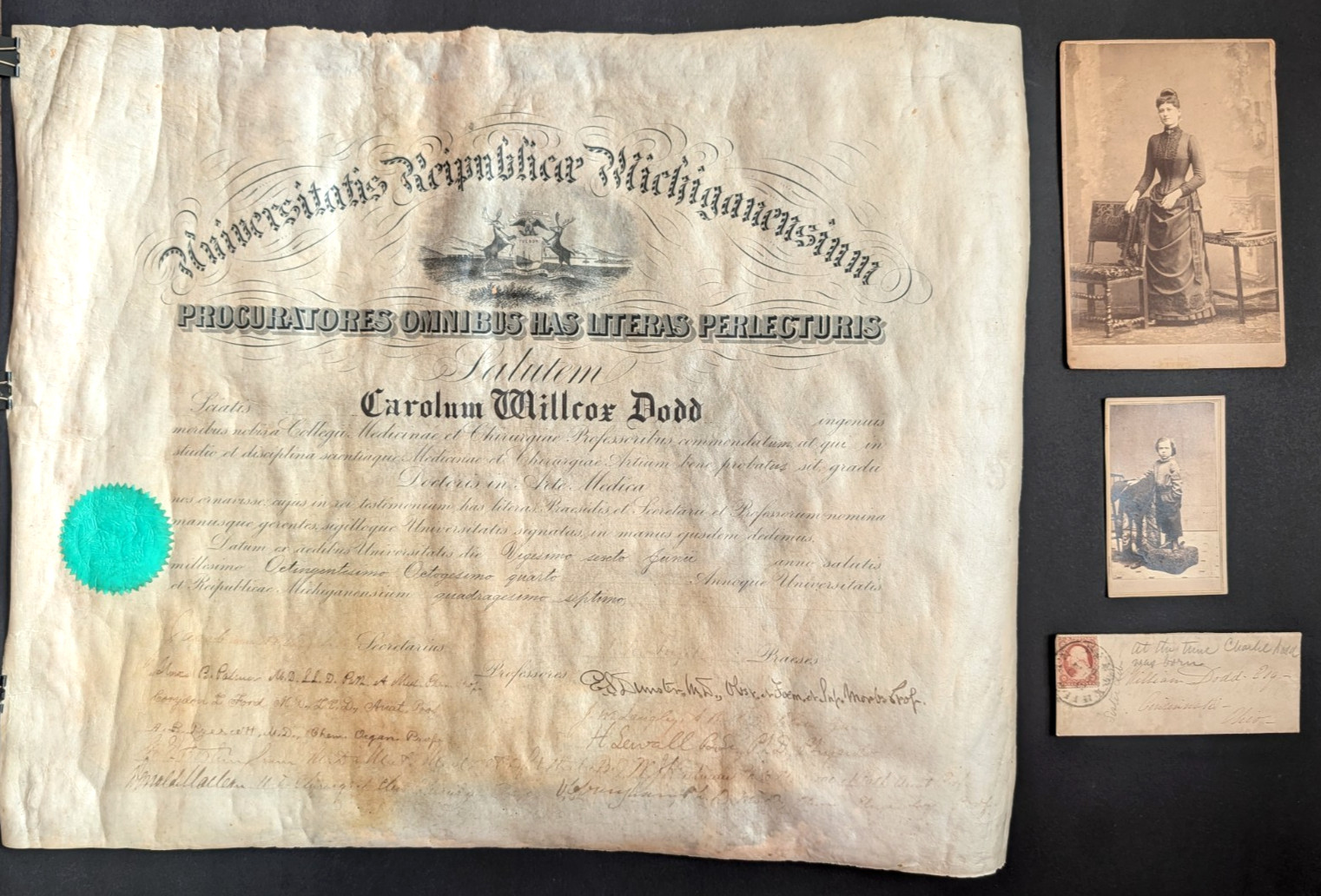 Vtg 1884 University of Michigan Medical Diploma for Charles Dodd, photos, letter Vtg 1884 University of Michigan Medical Diploma for Charles Dodd, photos, letter