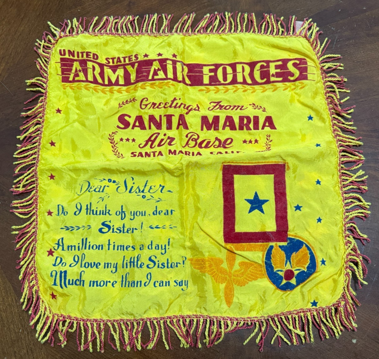 WWII U.S. Army Air Force Base Santa Maria CA Sweetheart Silk/Satin Pillow Case WWII U.S. Army Air Force Base Santa Maria CA Sweetheart Silk/Satin Pillow Case