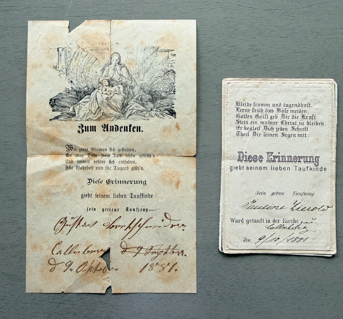 Antique German Baptism Cards Lot of 2 1881 Christening Religious Ephemera