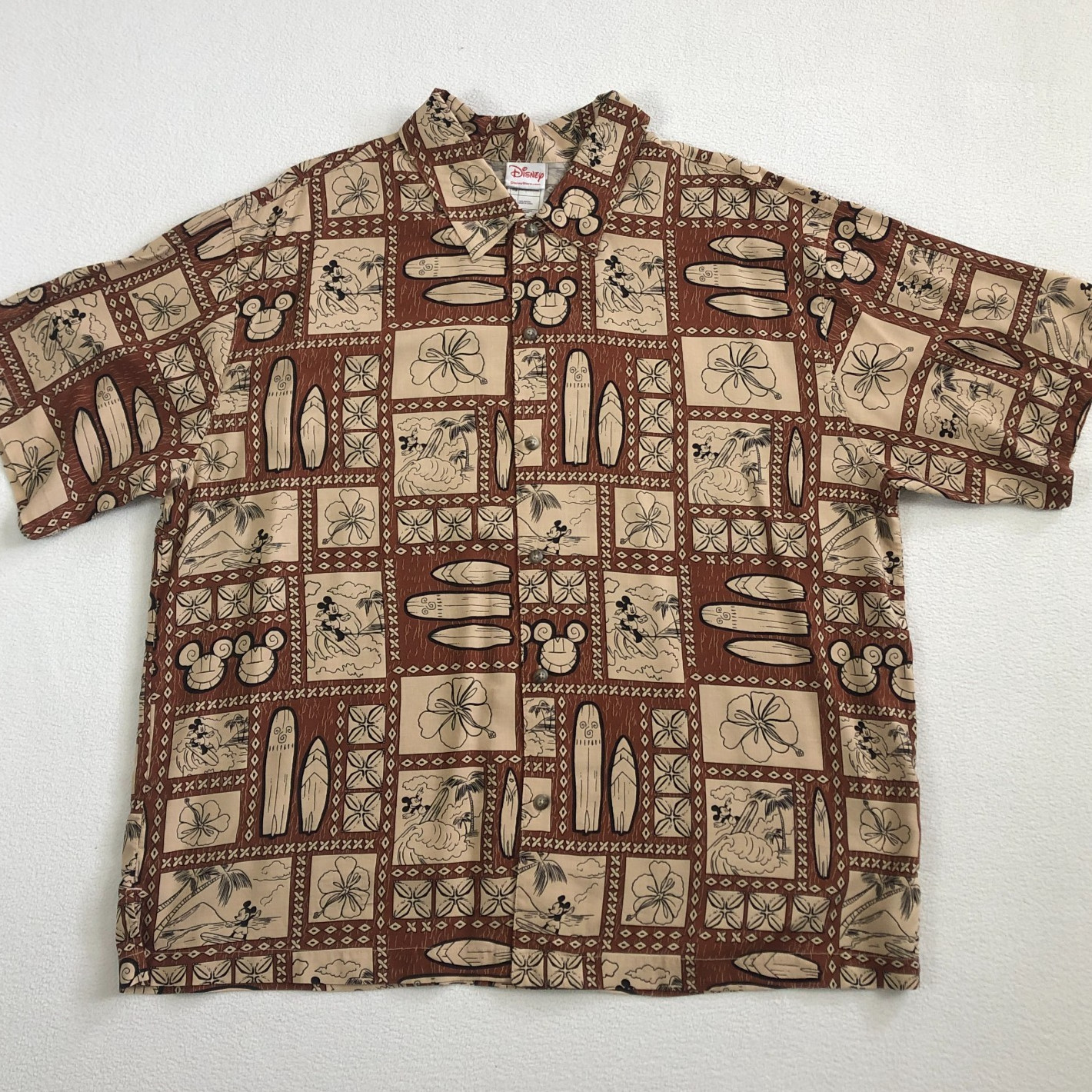 Disney Hawaiian Aloha Shirt Size XL Mickey Mouse Surfboard Beach Brown Black Tan Disney Hawaiian Aloha Shirt Size XL Mickey Mouse Surfboard Beach Brown Black Tan