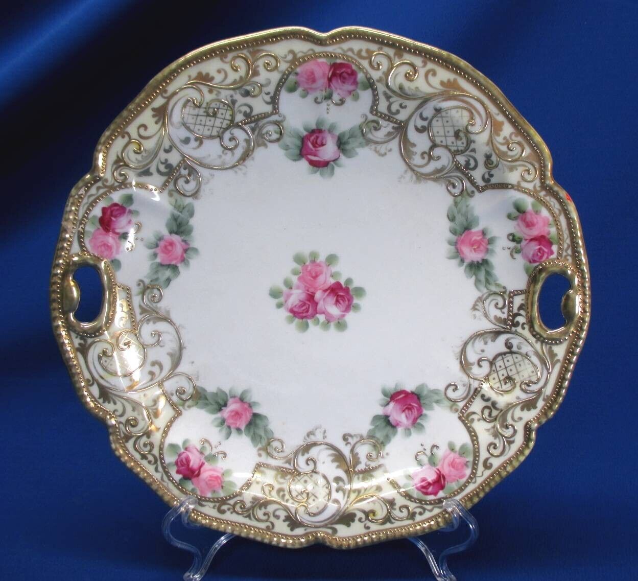 HAND-PAINTED NIPPON ROSES & HEAVY GOLD BEADING HANDLED 10\