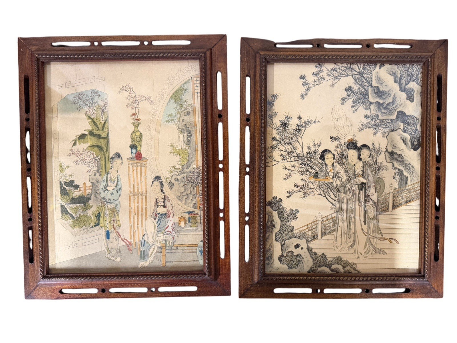 Two Matching Antique Japanese Wood Oak Picture Frames With Glass And Lithographs Two Matching Antique Japanese Wood Oak Picture Frames With Glass And Lithographs