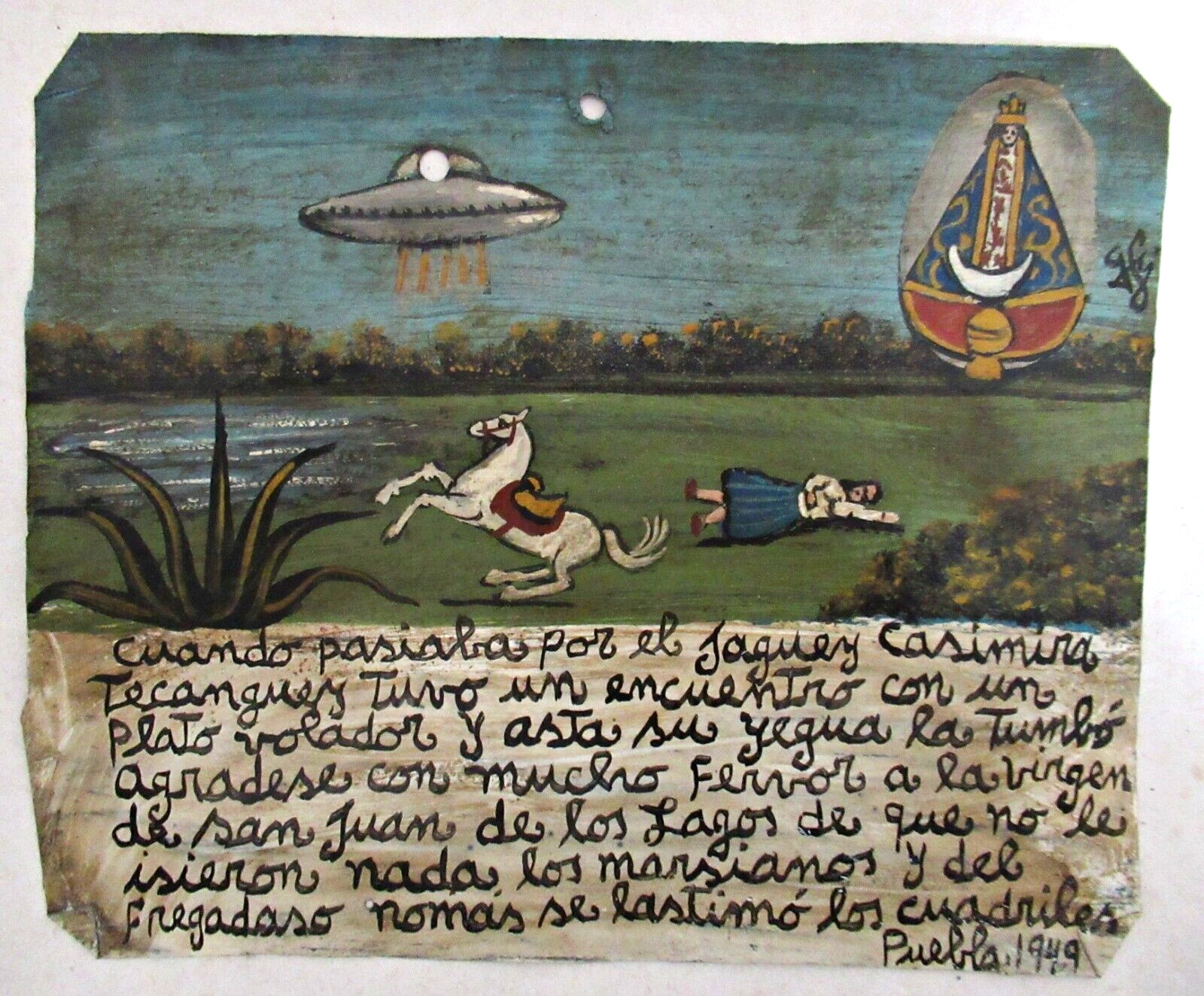 VTG 1949 HP MEXICAN TIN RETABLO VIRGEN DE SAN JUAN SAVE WOMAN FROM FLYING SAUCER